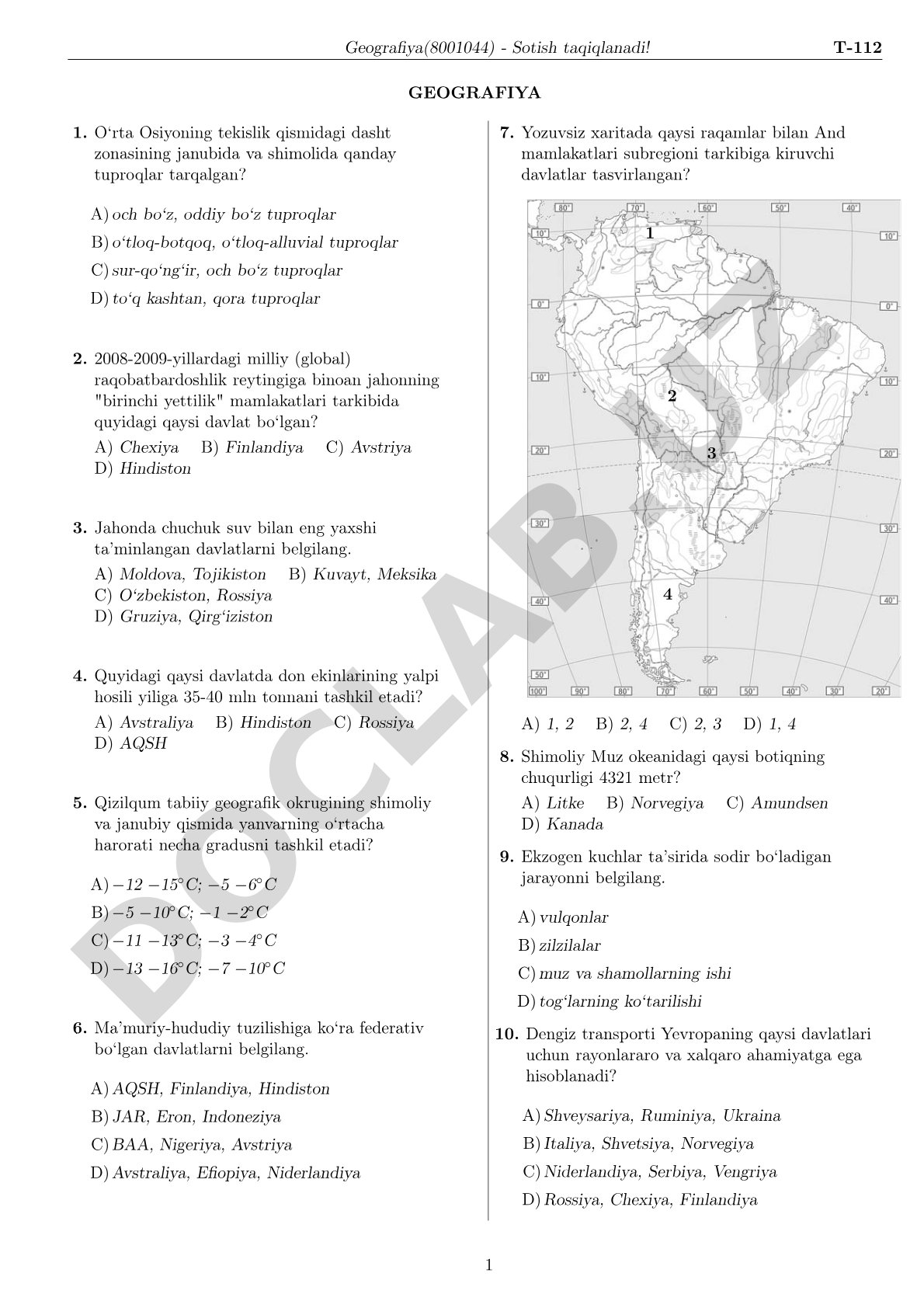 Geografiya test savollari