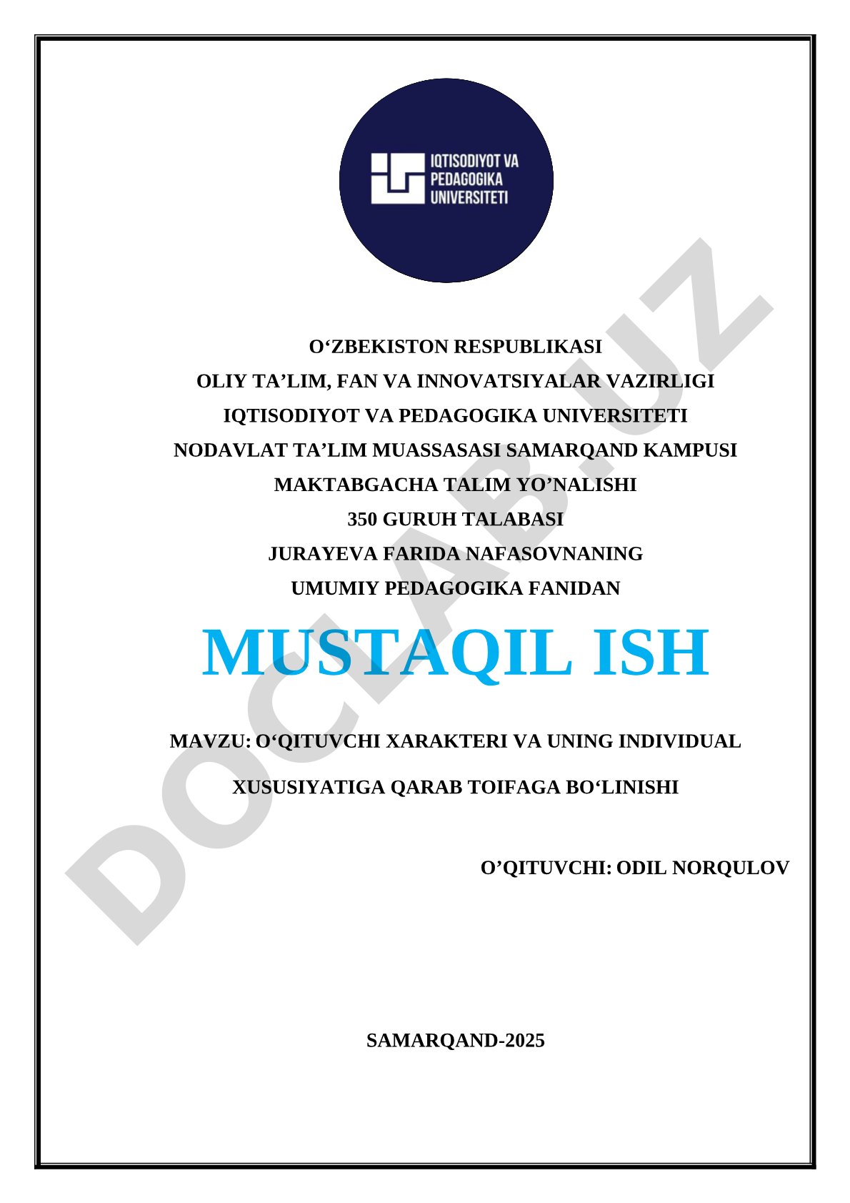 O‘qituvchi xarakteri va uning individual xususiyatiga qarab toifaga bo‘linishi