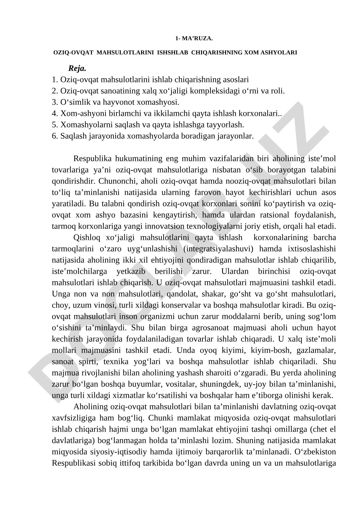 Oziq-ovqat mahsulotlarini ishlab chiqarishning xom ashyolari