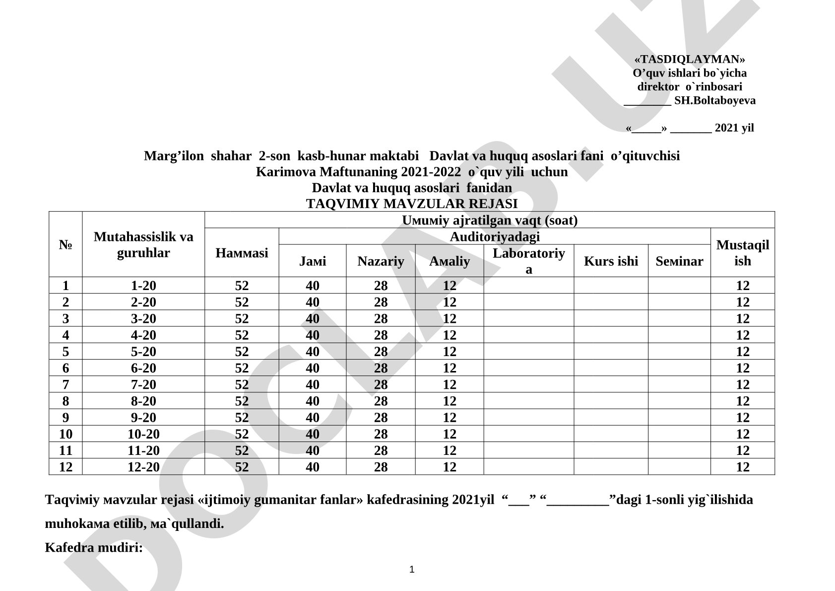 Davlat va huquq asoslari fanidan taqvimiy-mavzular rejasi