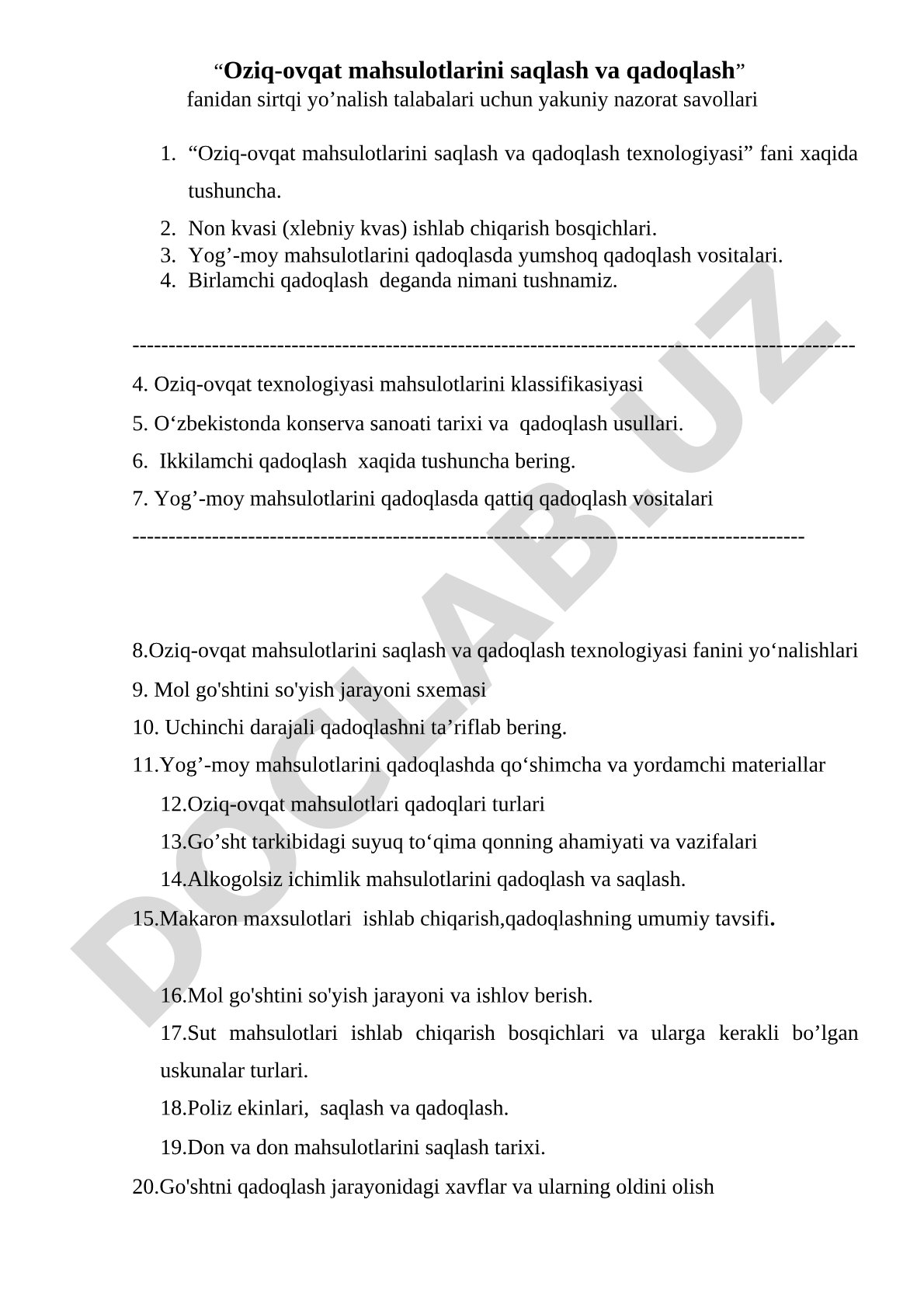 Oziq-ovqat mahsulotlarini saqlash va qadoqlash fanidan yakuniy nazorat savollari