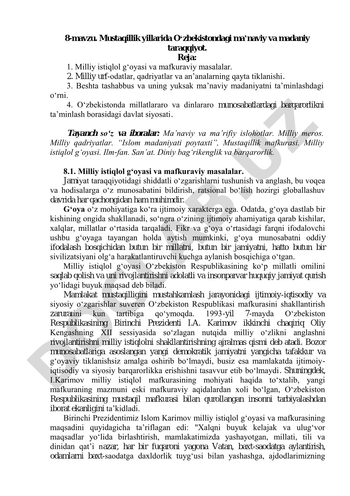Mustaqillik yillarida O‘zbekistondagi ma’naviy va madaniy taraqqiyot