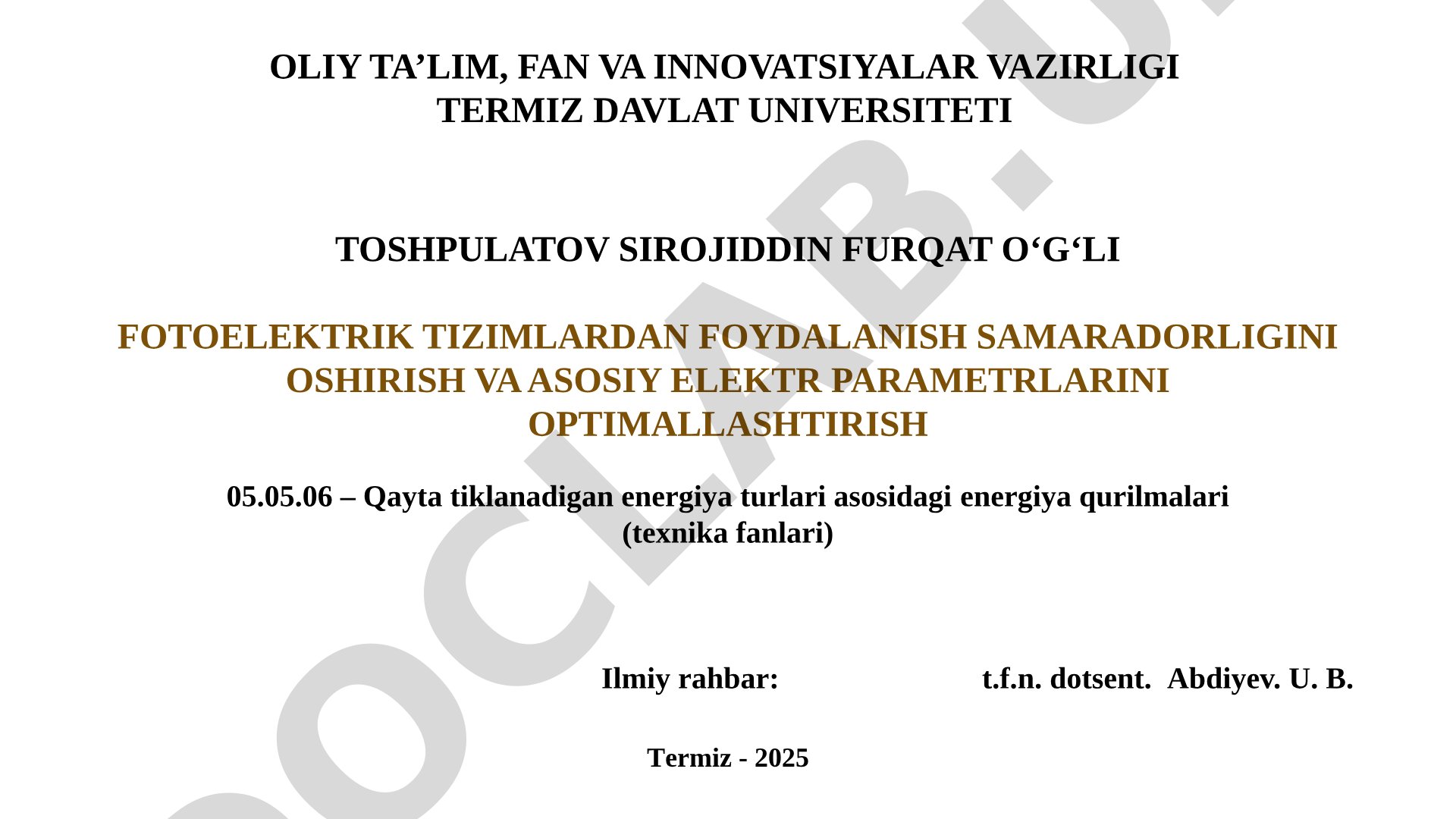 Fotoelektrik tizimlardan foydalanish samaradorligini oshirish va asosiy elektr parametrlarini optimallashtirish