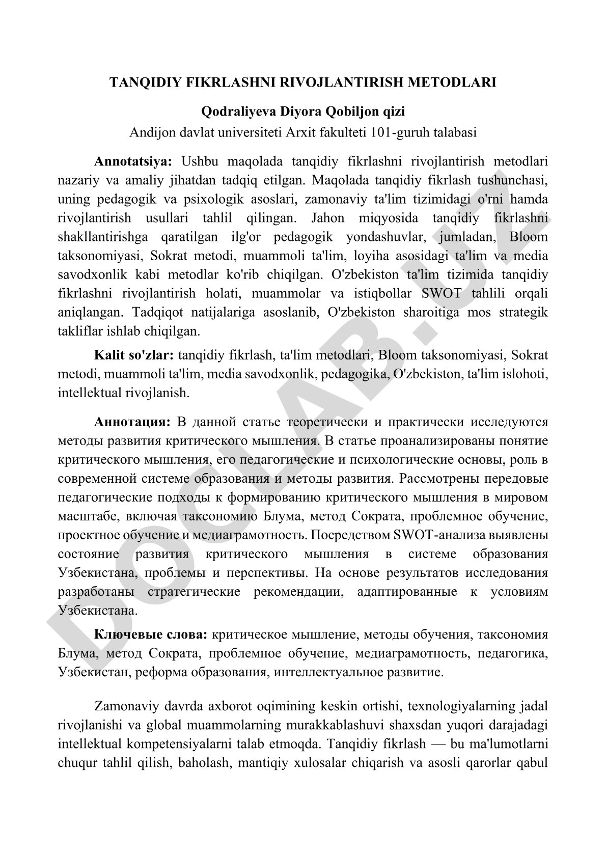 Tanqidiy fikrlashni rivojlantirish metodlari