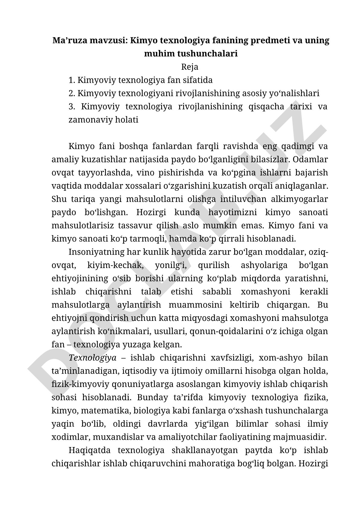 Kimyo texnologiya fanining predmeti va uning muhim tushunchalari