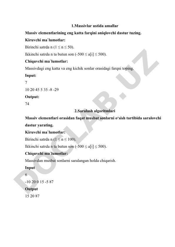 Massivlar ustida amallar va algoritmlar