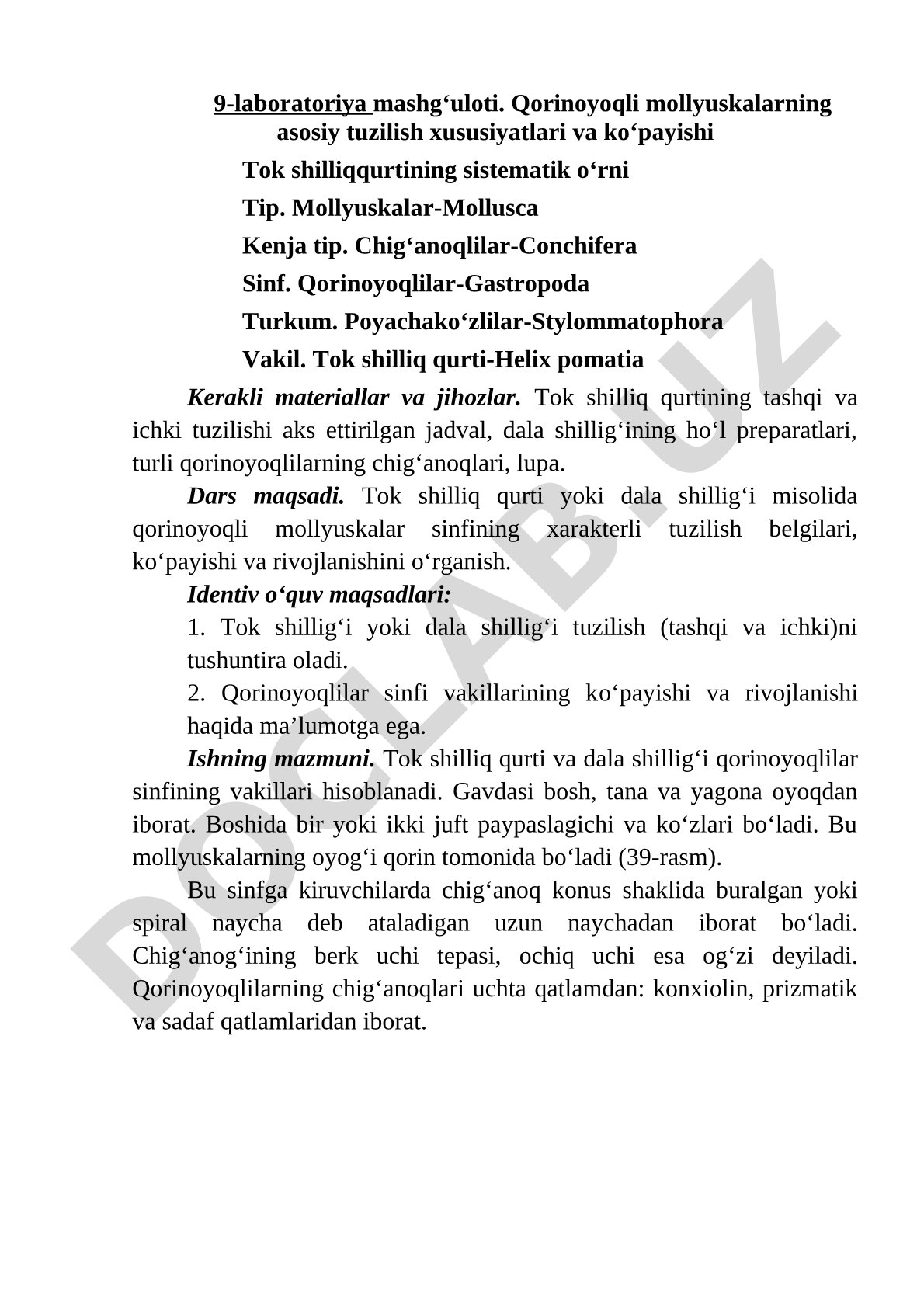 Qorinoyoqli mollyuskalarning tuzilishi va ko'payishi