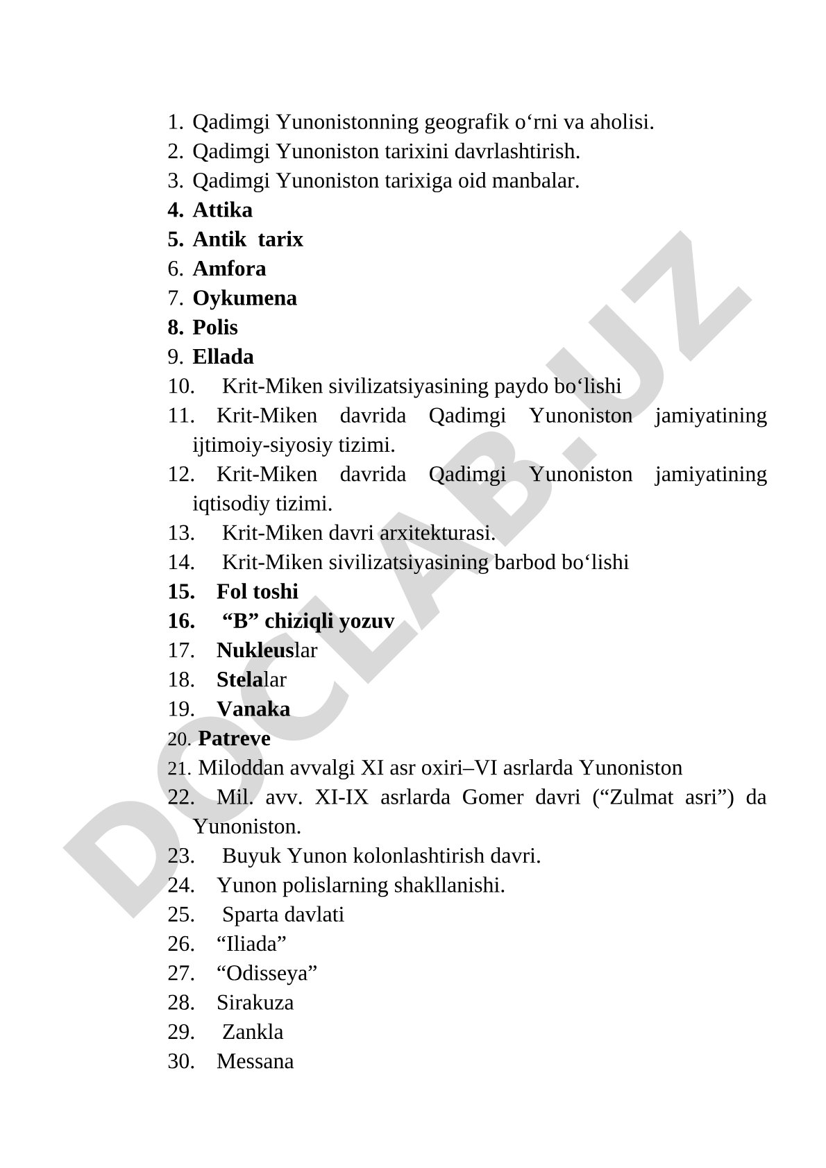 Qadimgi Yunoniston tarixi bo'yicha asosiy tushuncha va mavzular