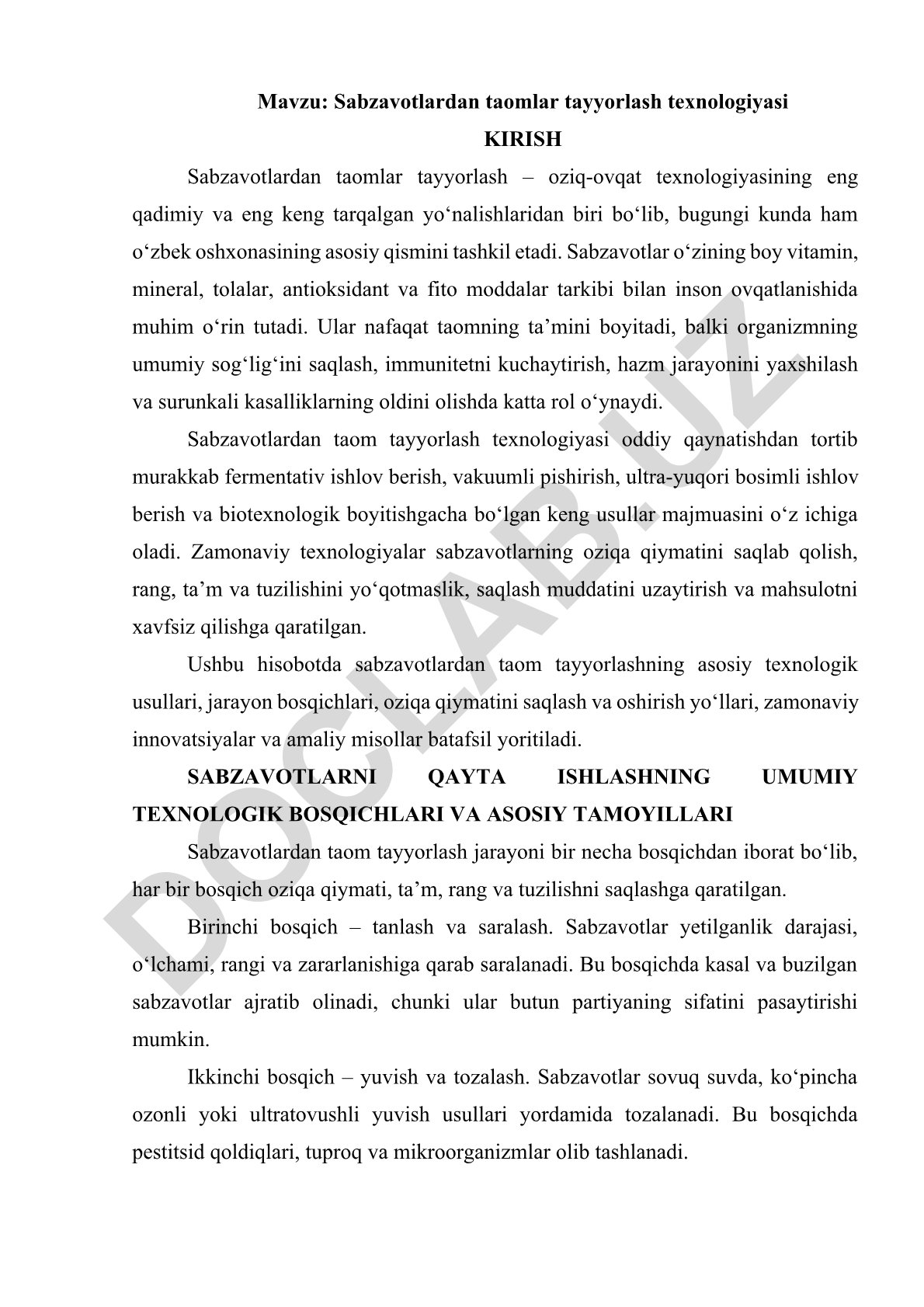 Sabzavotlardan taomlar tayyorlash texnologiyasi
