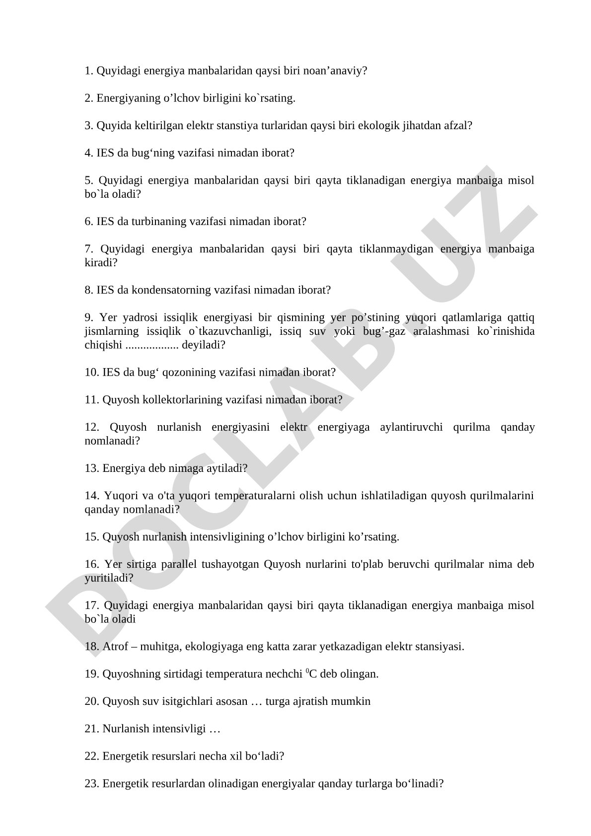 Energiya manbalari va elektr stansiyalari haqida test savollari