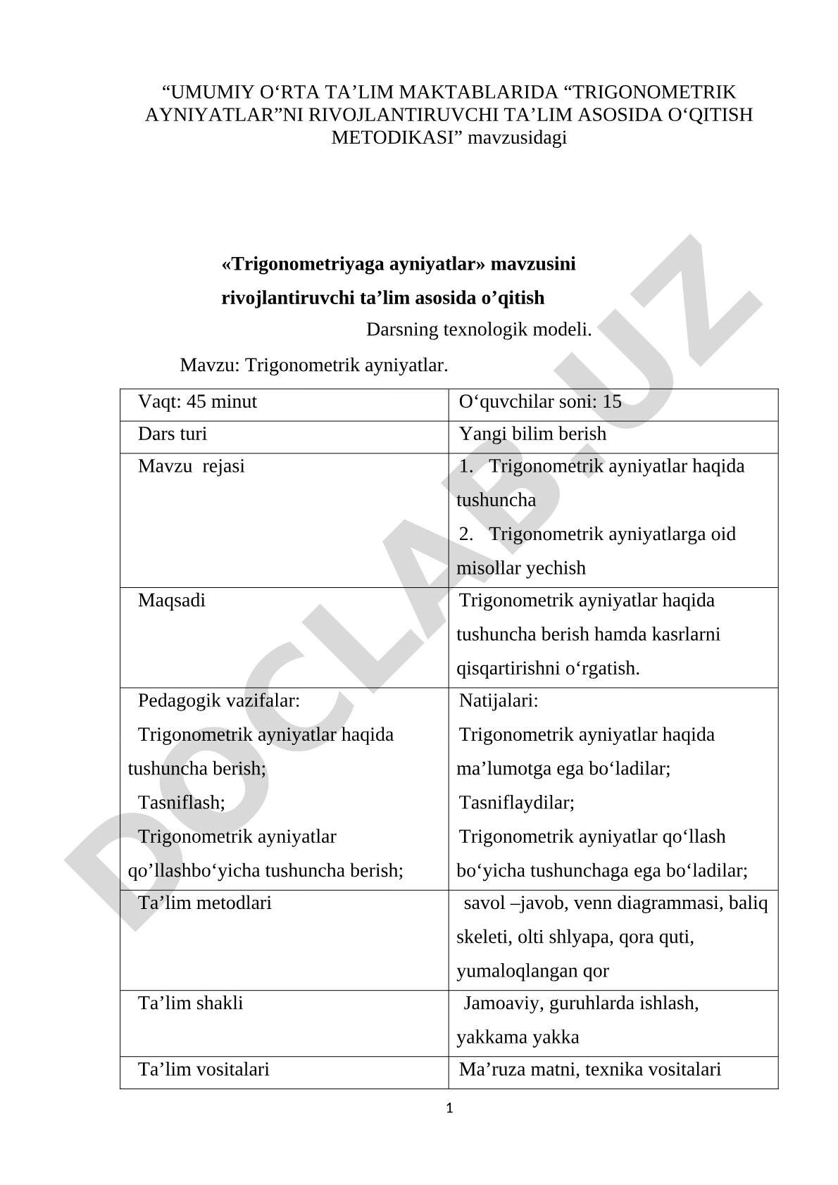 Trigonometrik ayniyatlarni rivojlantiruvchi ta'lim asosida o'qitish metodikasi