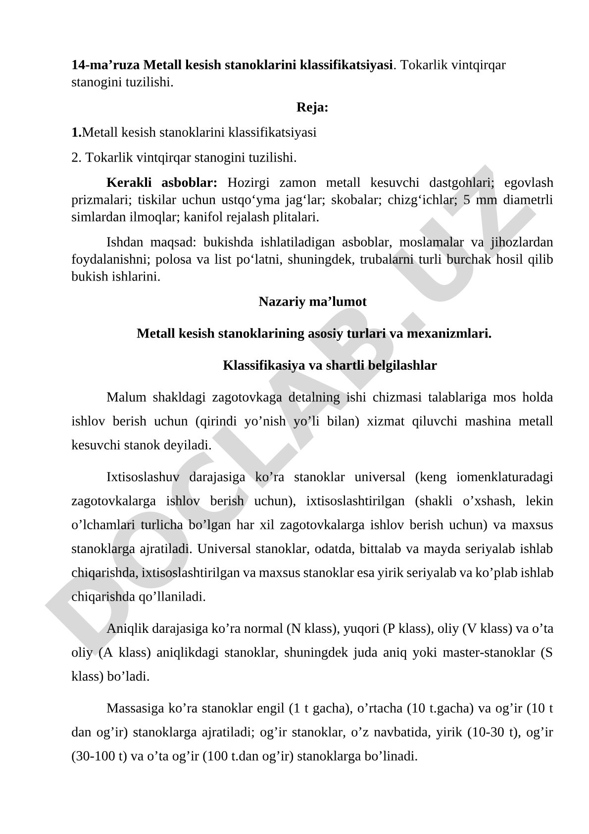 Metall kesish stanoklarini klassifikatsiyasi. Tokarlik vintqirqar stanogini tuzilishi