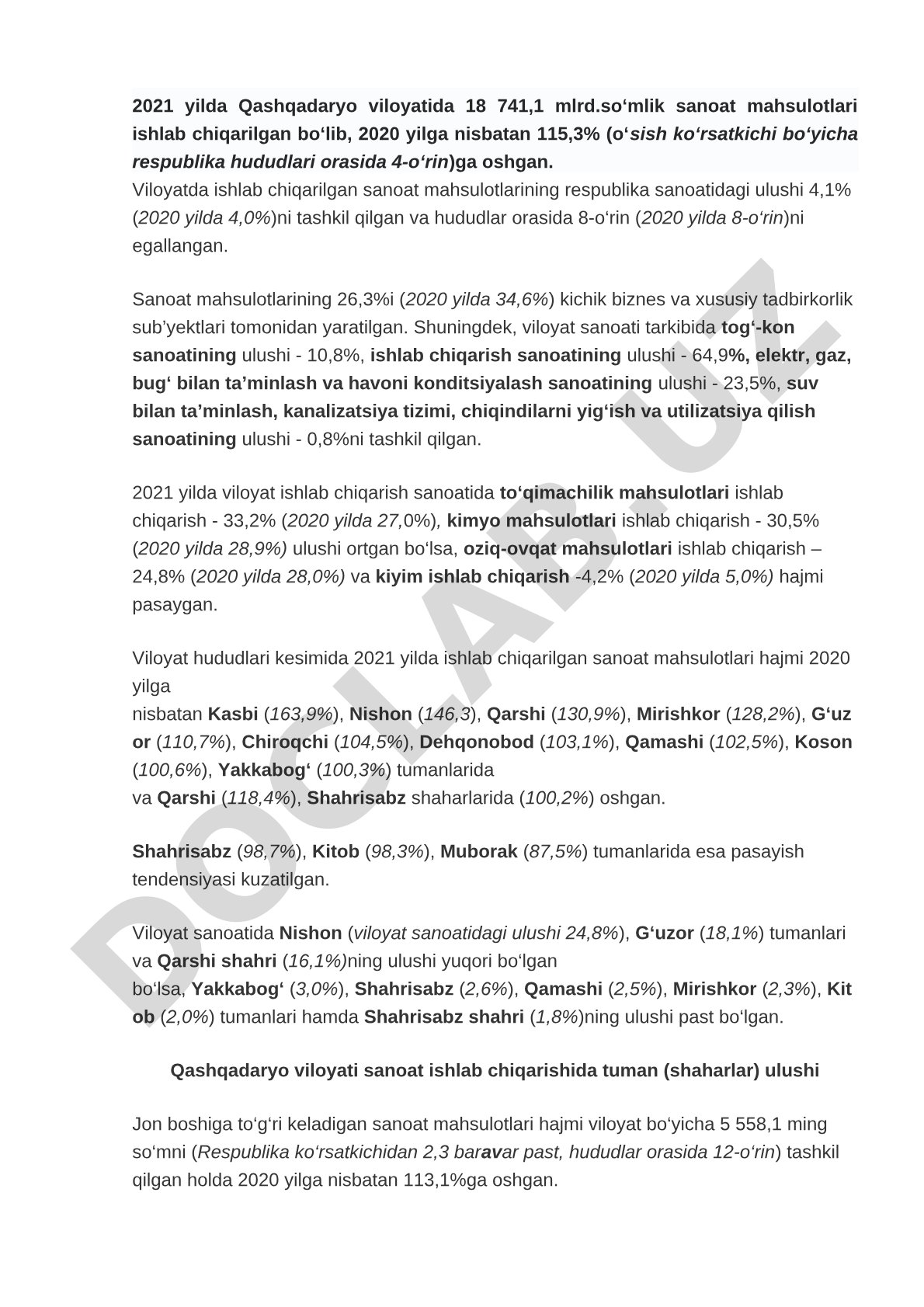 Qashqadaryo viloyati sanoat mahsulotlari statistikasi