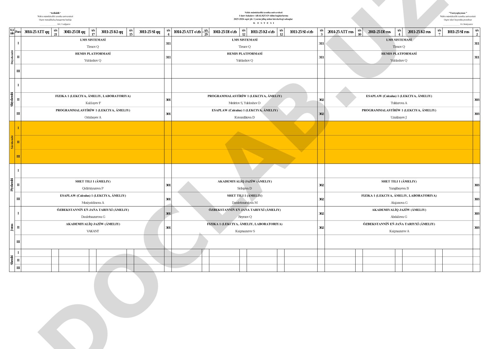 2025-2026 oqıw jılı 1-kurs aralıqtan tálim sabaq kestesi