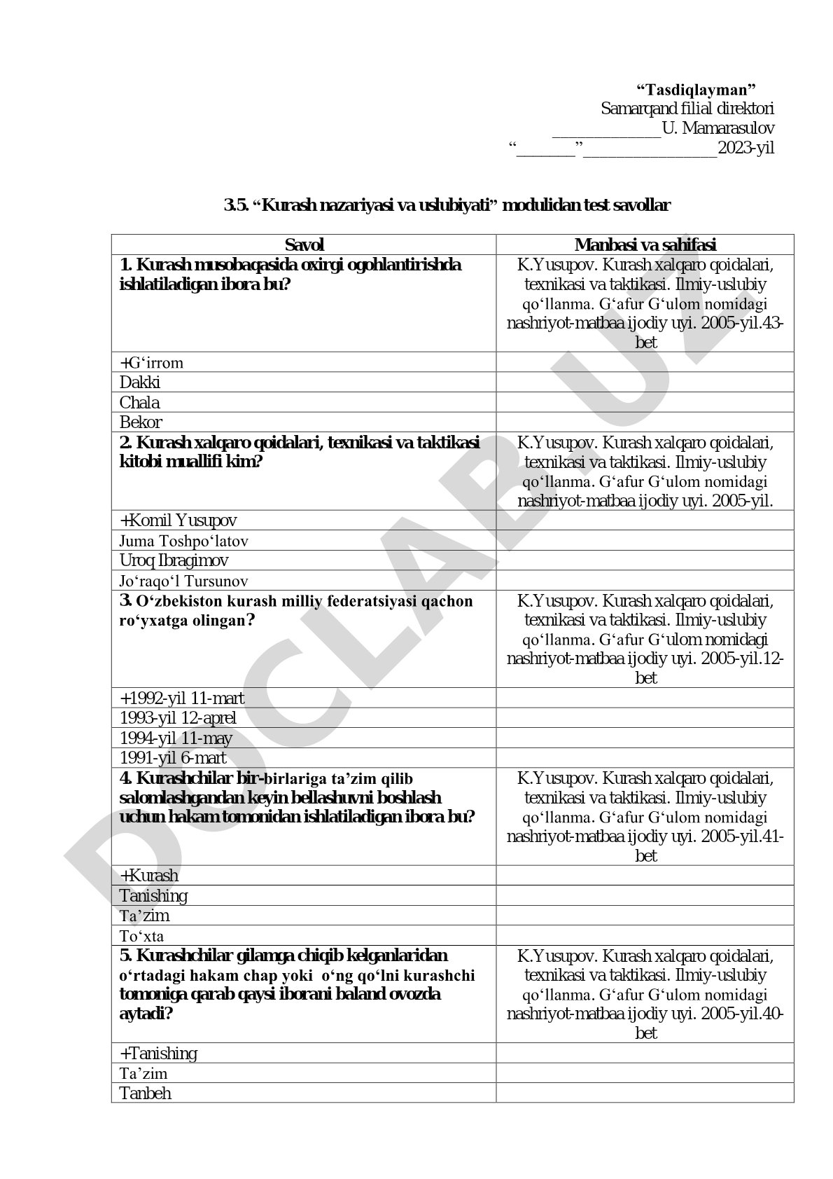 Kurash nazariyasi va usuliyati modulidan test savollar