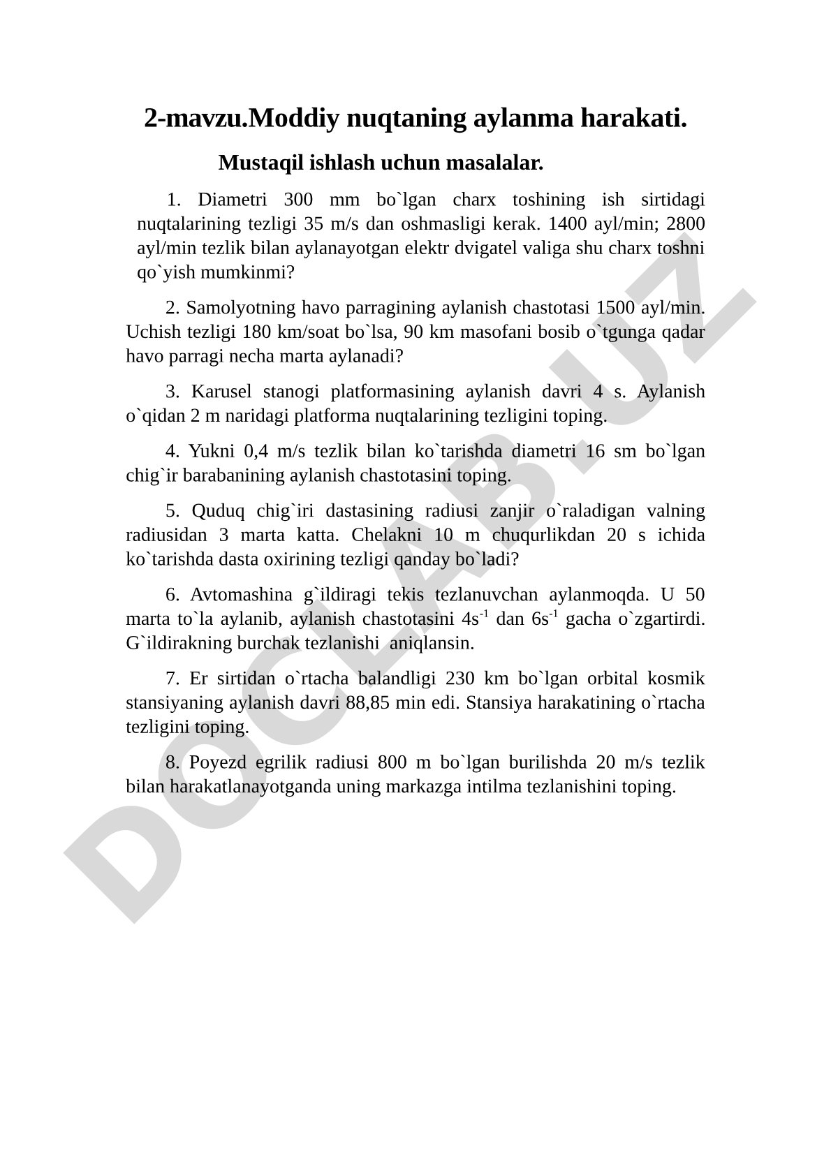 Moddiy nuqtaning aylanma harakati masalalari