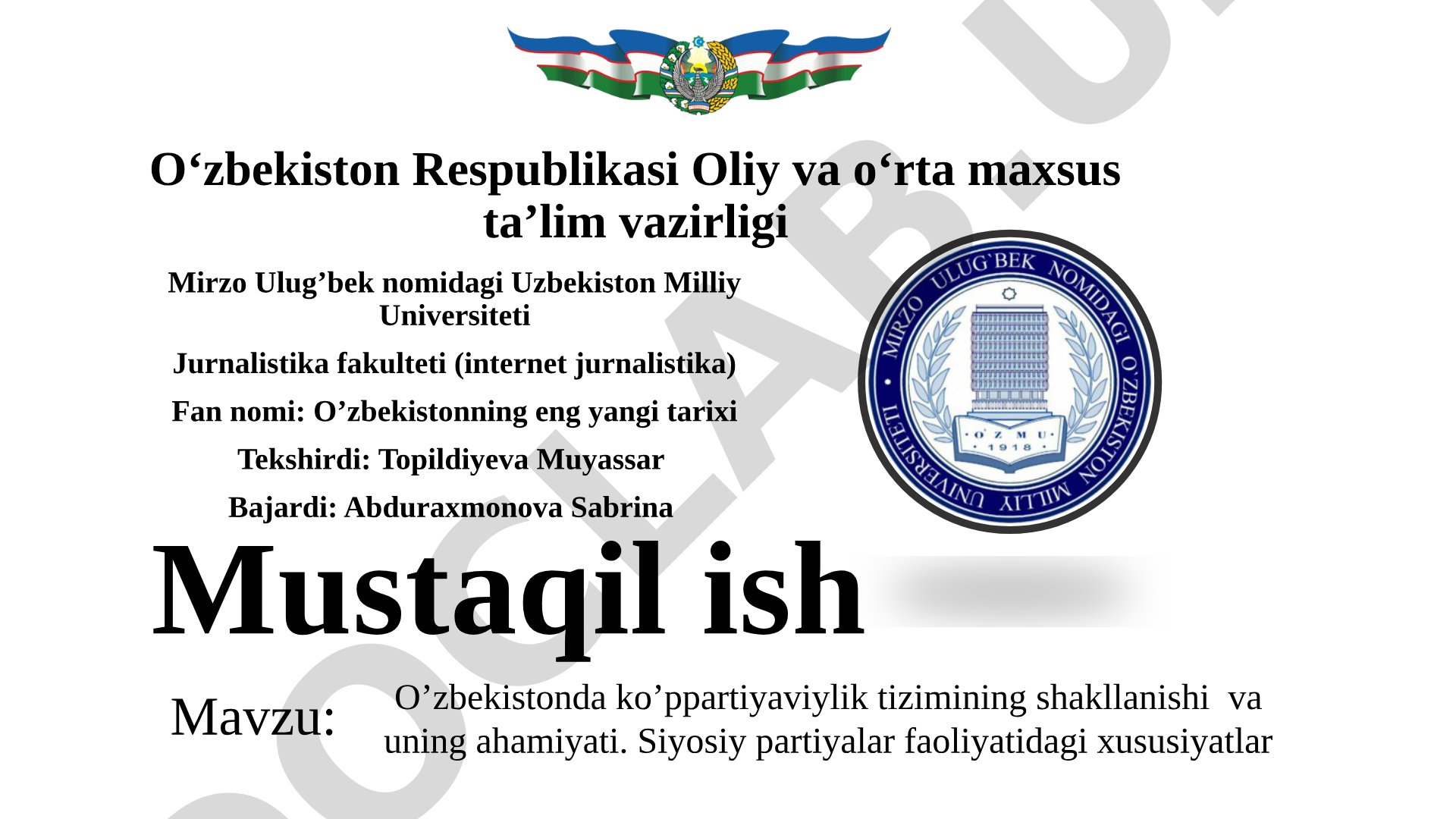 O’zbekistonda ko’ppartiyaviylik tizimining shakllanishi va uning ahamiyati