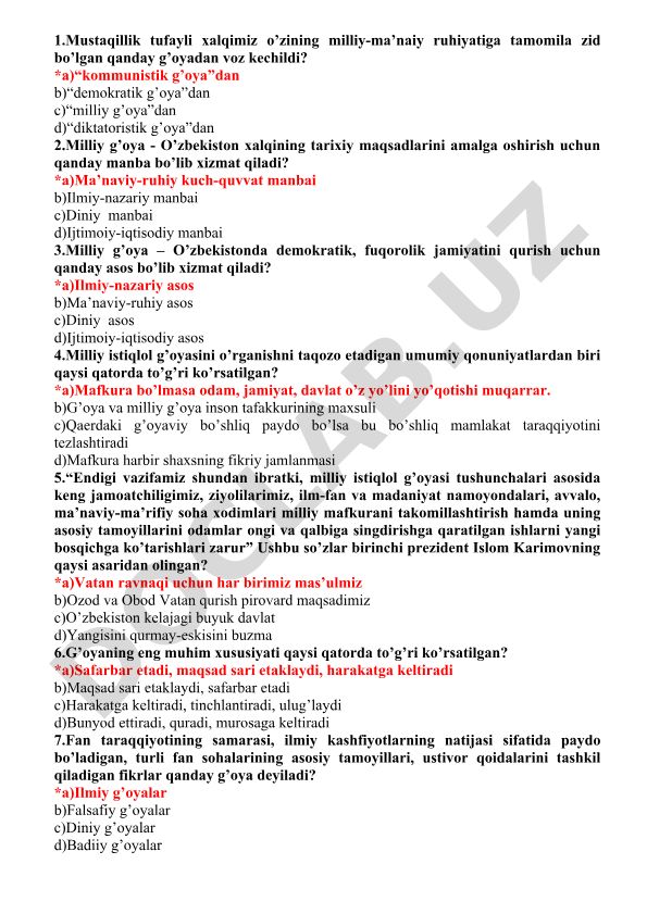 Milliy g'oya va istiqlol g'oyalariga oid test savollari
