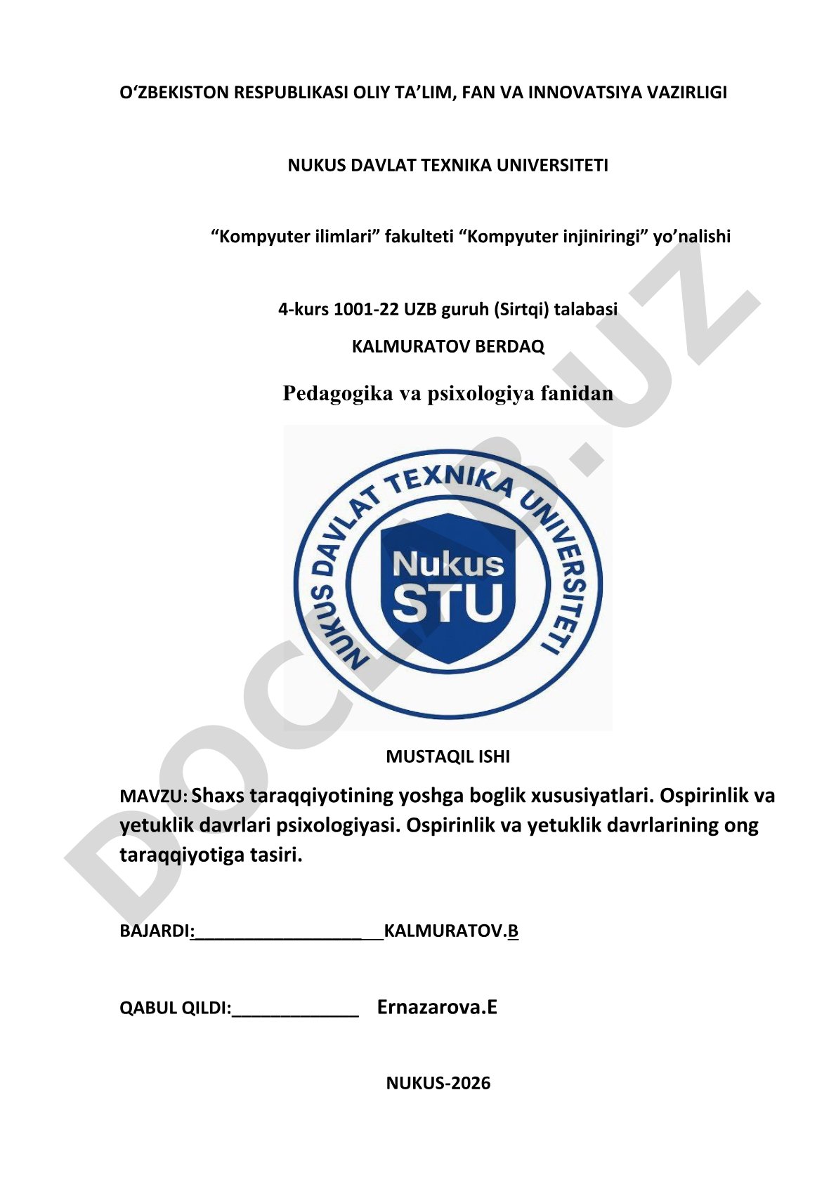 Shaxs taraqqiyotining yoshga boglik xususiyatlari. Ospirinlik va yetuklik davrlari psixologiyasi. Ospirinlik va yetuklik davrlarining ong taraqqiyotiga tasiri