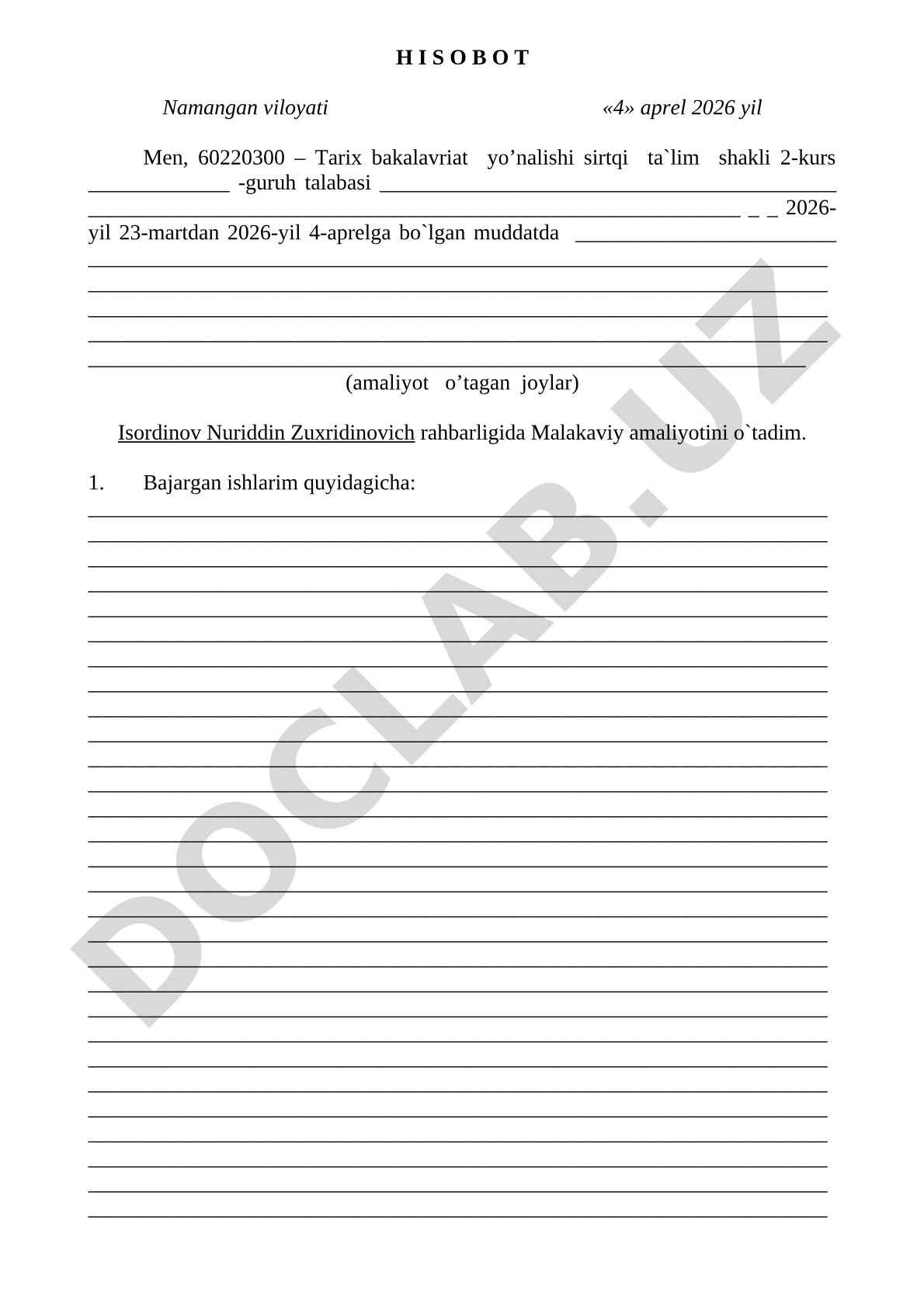 Tarix yo'nalishi talabasi malakaviy amaliyot hisoboti