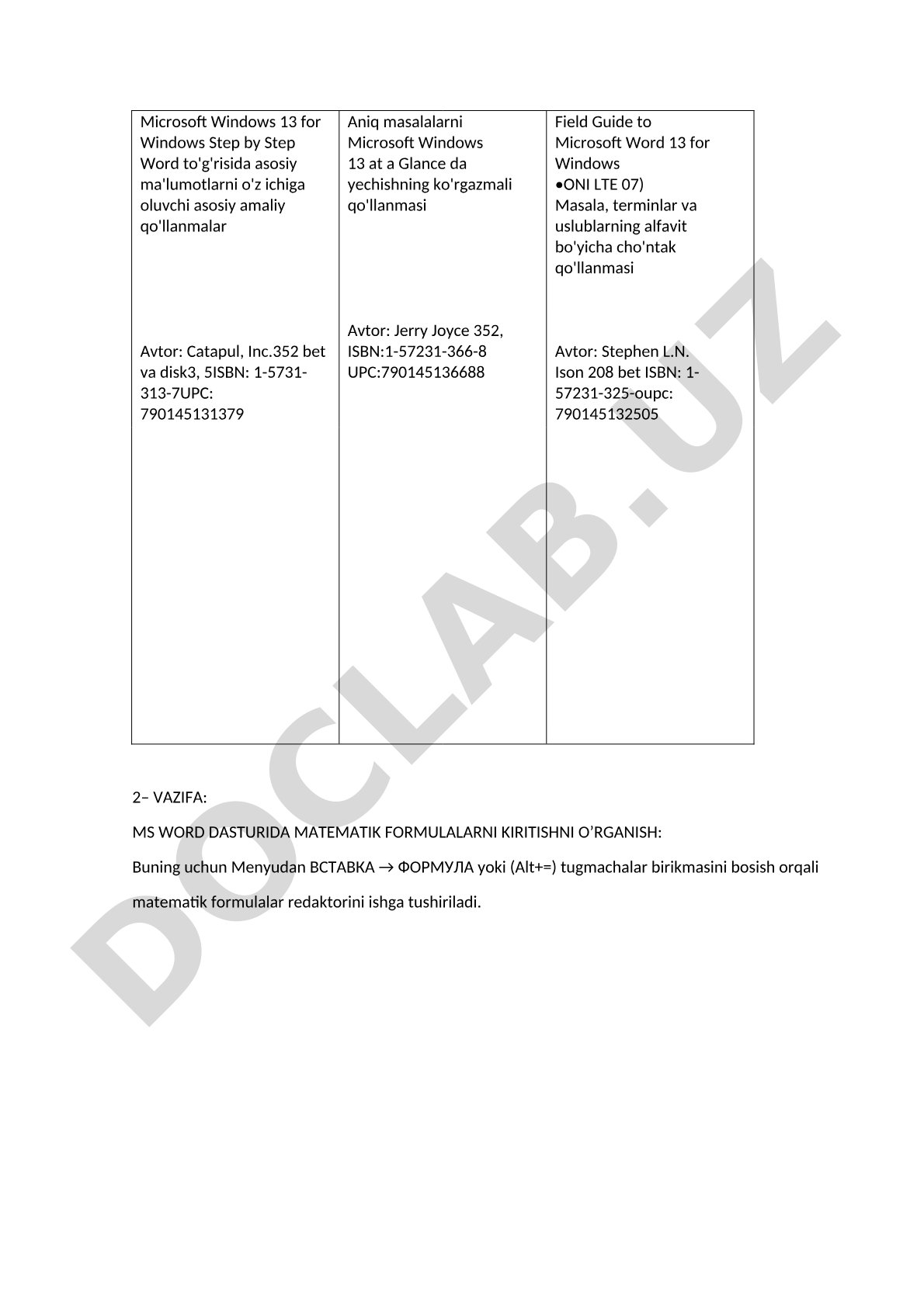MS WORD DASTURIDA MATEMATIK FORMULALARNI KIRITISHNI O’RGANISH
