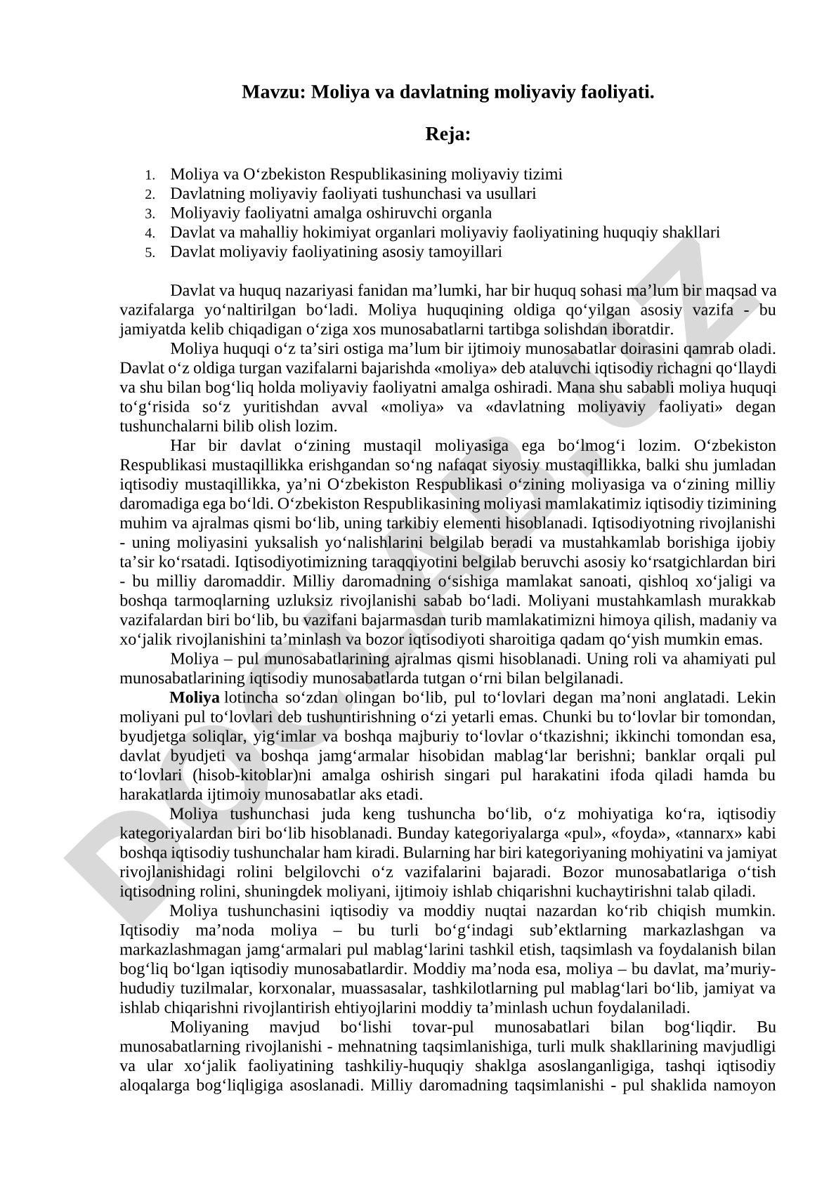 Moliya va davlatning moliyaviy faoliyati