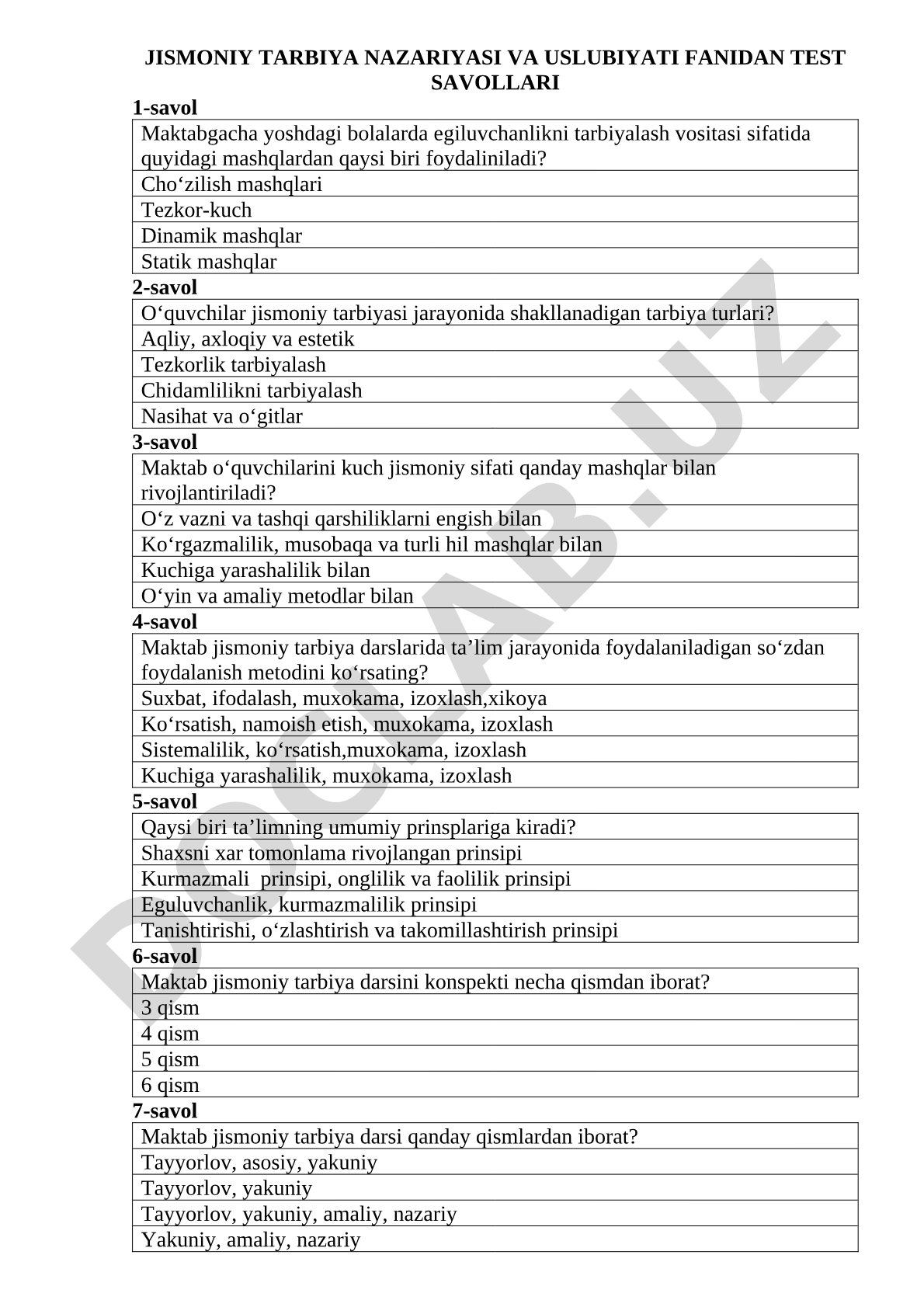 Jismoniy tarbiya nazariyasi va uslubiyati fanidan test savollari
