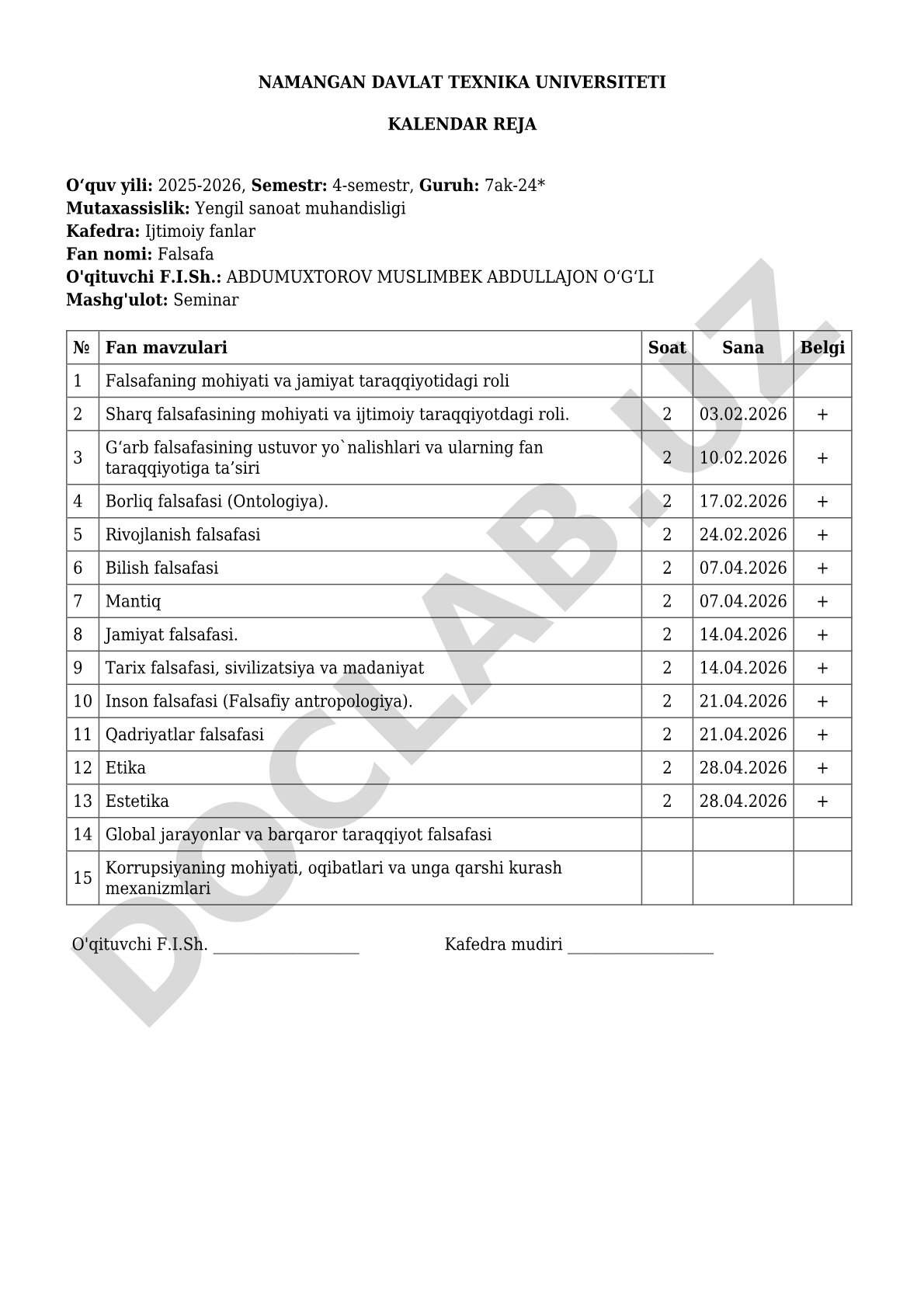 Falsafa fanidan seminar mashg'ulotlari kalendar rejasi
