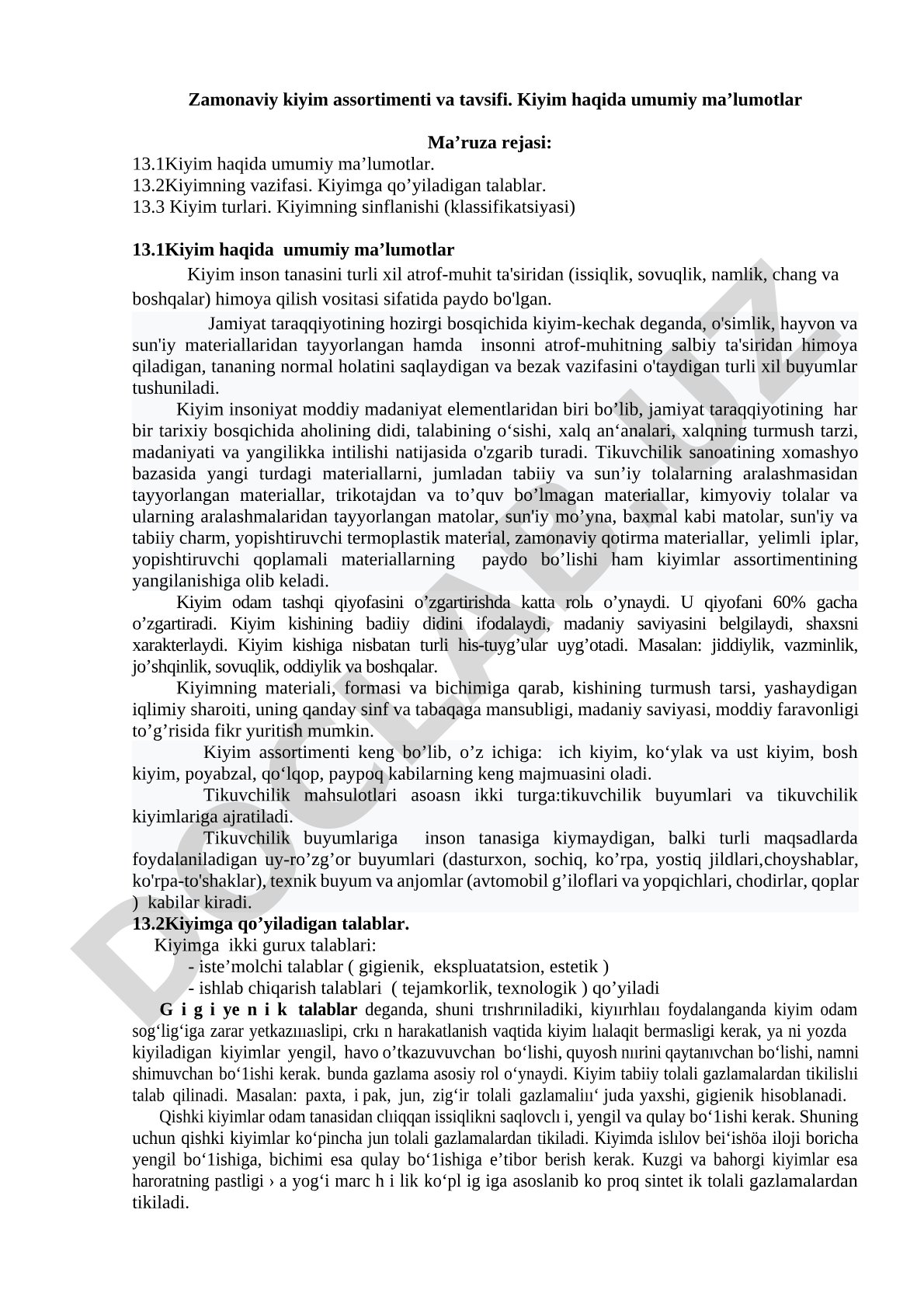 Zamonaviy kiyim assortimenti va tavsifi
