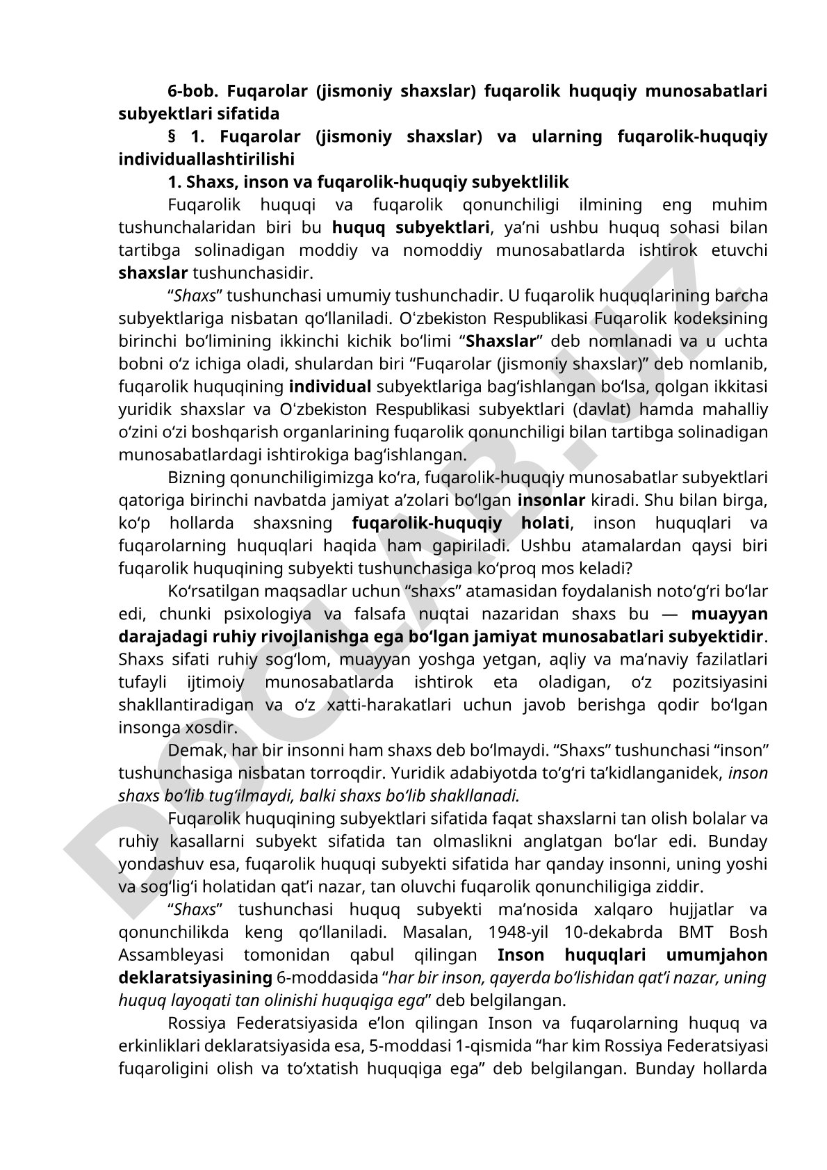 Fuqarolar (jismoniy shaxslar) fuqarolik huquqiy munosabatlari subyektlari sifatida