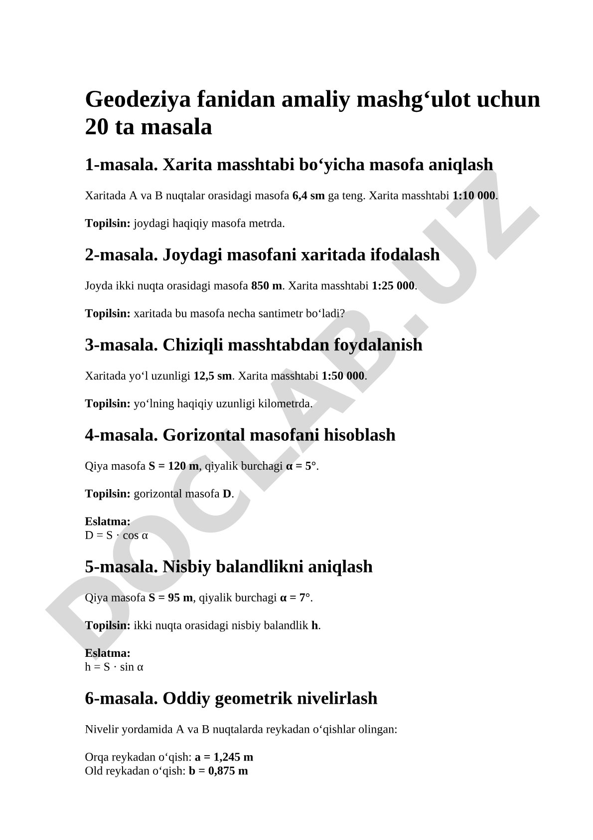 Geodeziyadan 20 ta masala