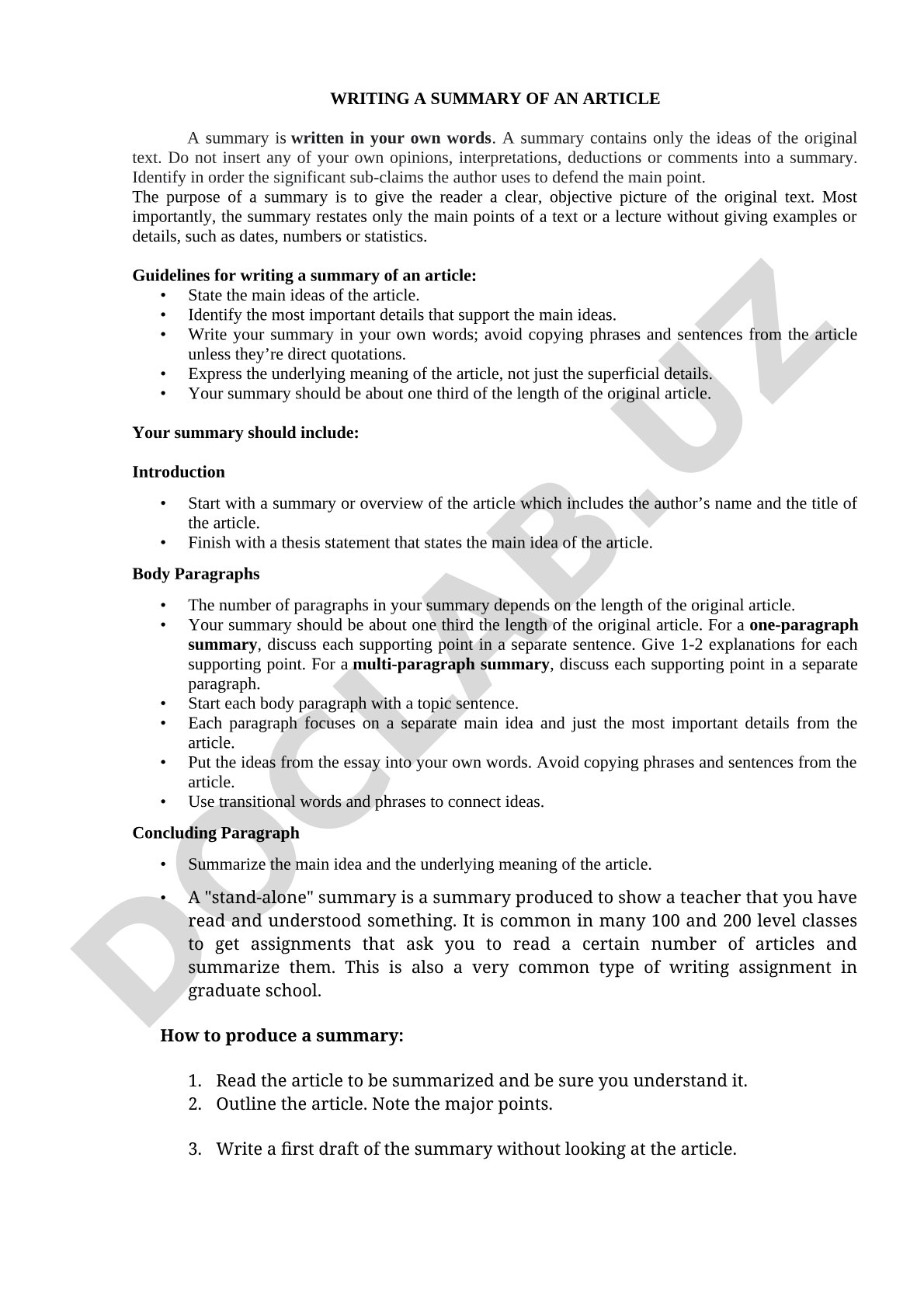 Writing a Summary of an Article
