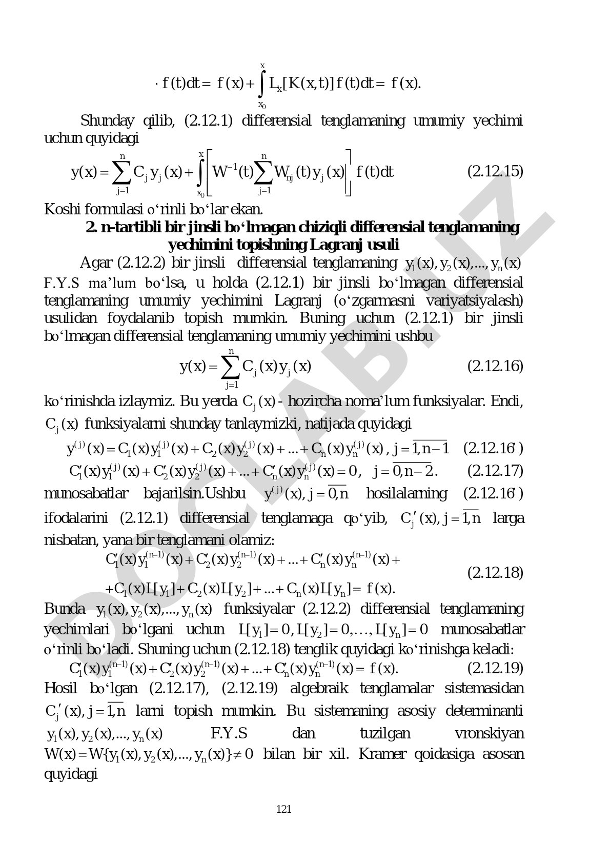 Chiziqli differensial tenglamalarni yechishning Koshi formulasi va Lagranj usuli
