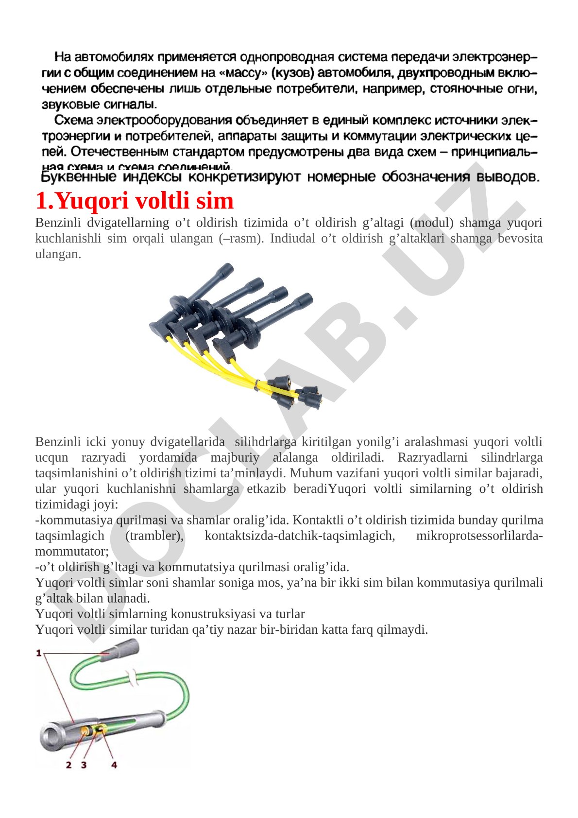 Benzinli dvigatellarning o't oldirish tizimidagi yuqori voltli simlar