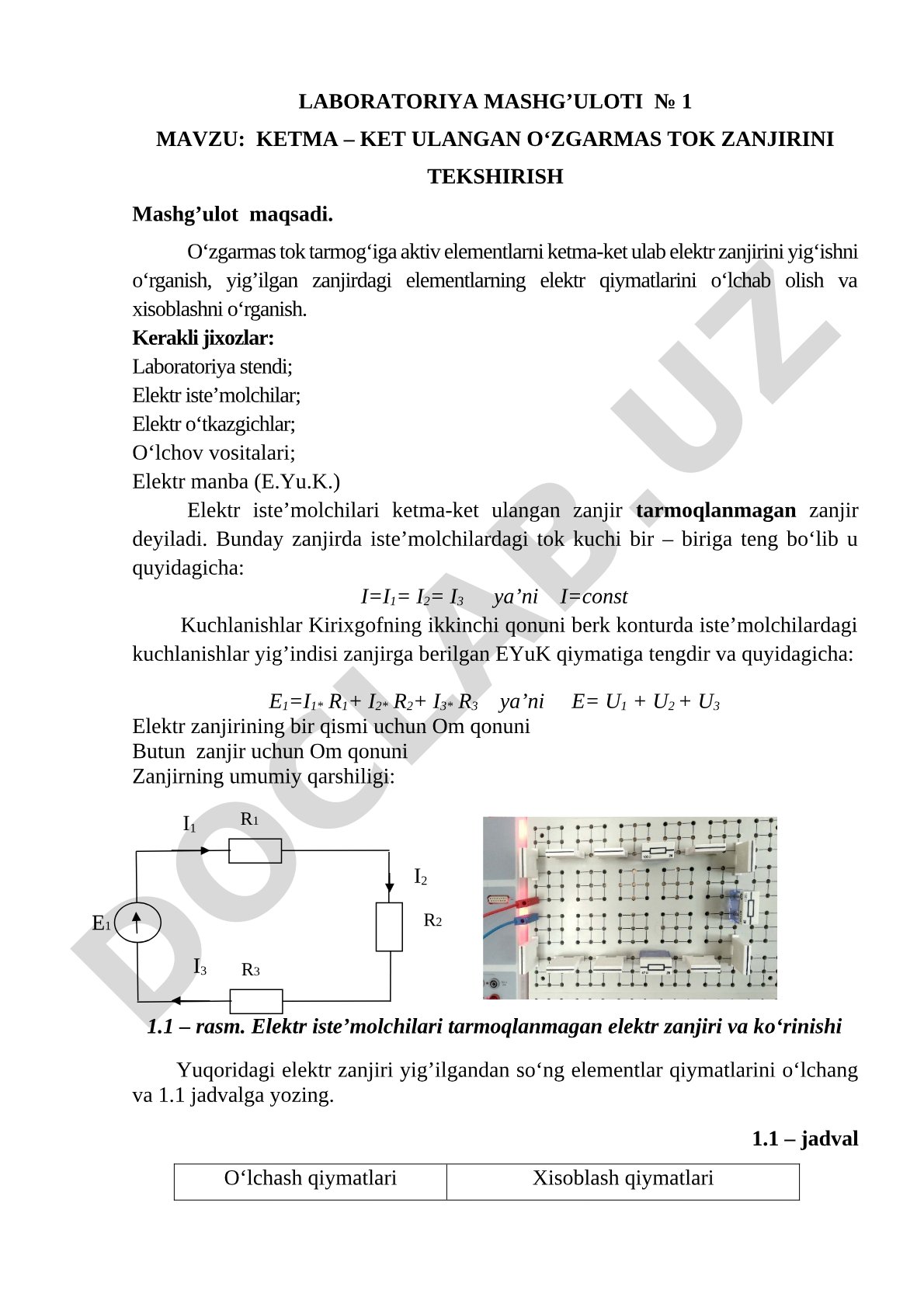 KETMA – KET ULANGAN O‘ZGARMAS TOK ZANJIRINI TEKSHIRISH
