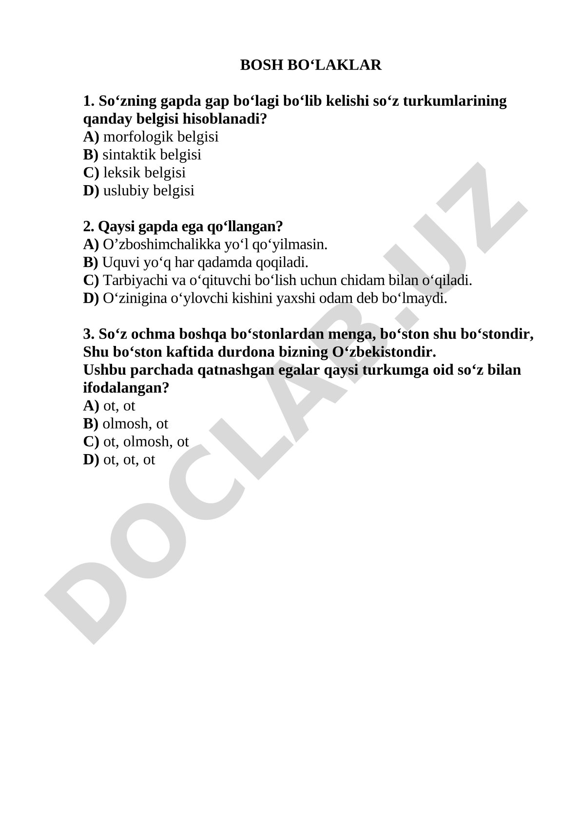 Bosh bo'laklar mavzusidagi test savollari