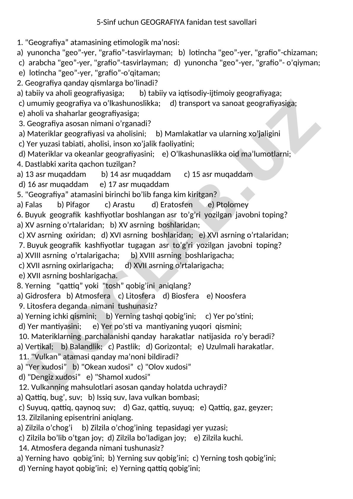 5-Sinf uchun GEOGRAFIYA fanidan test savollari