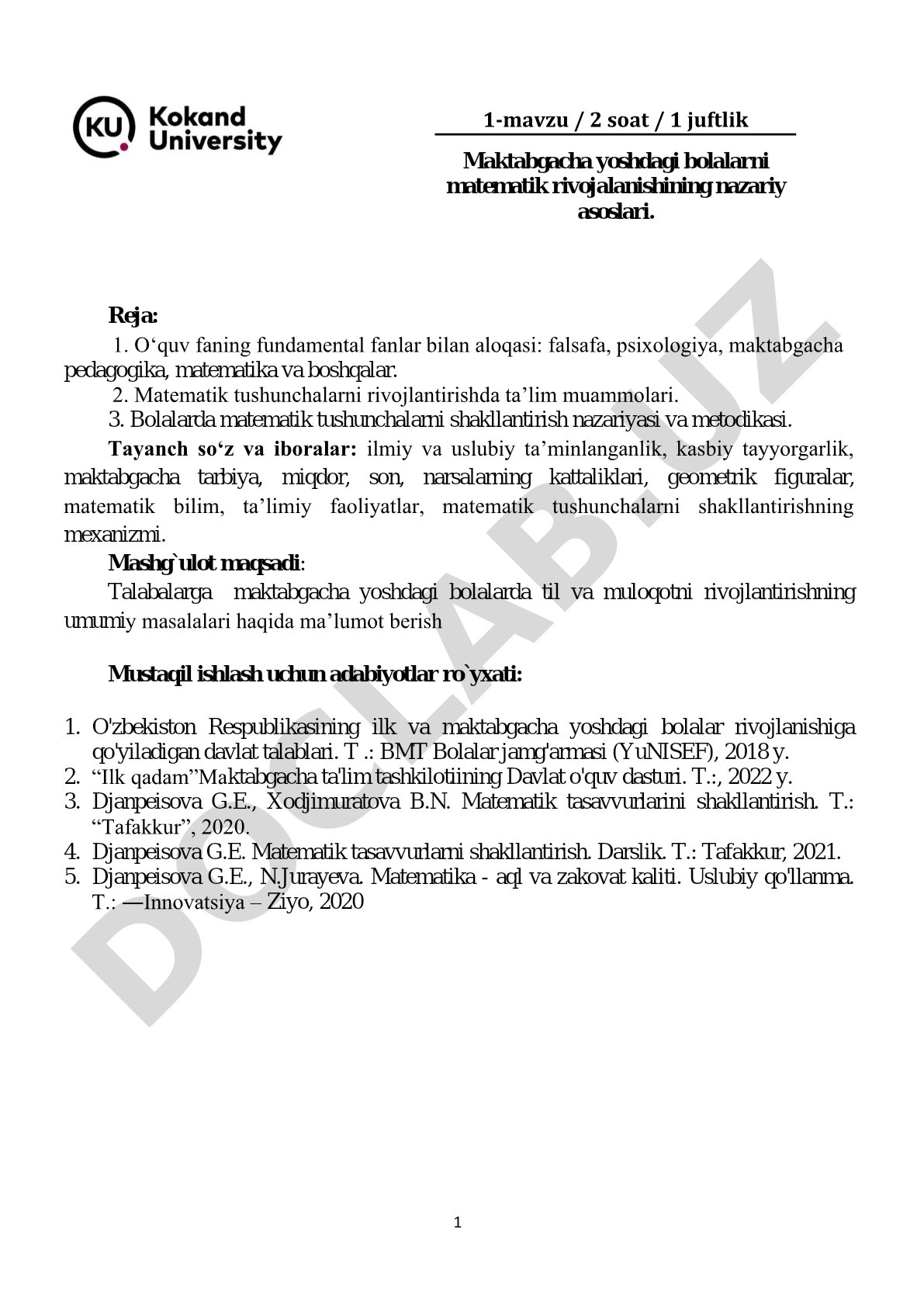 Maktabgacha yoshdagi bolalarni matematik rivojalanishining nazariy asoslari