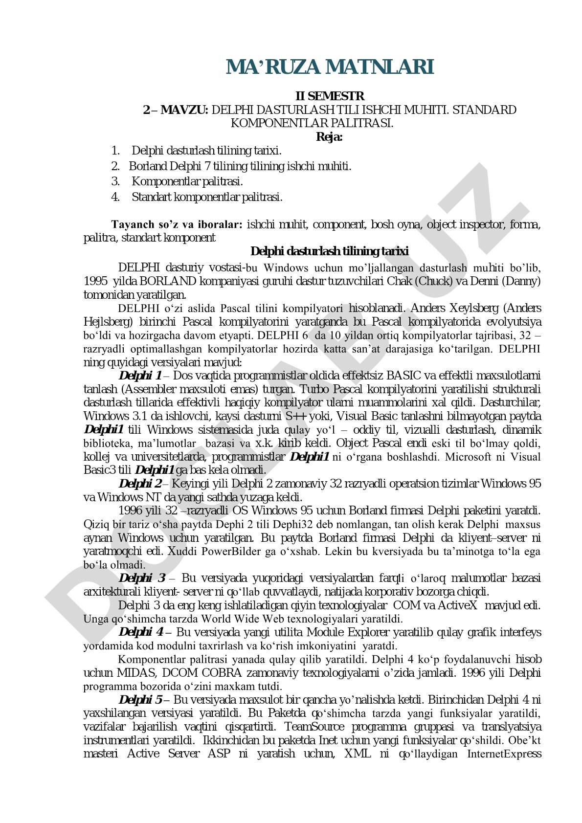 Delphi dasturlash tili ishchi muhiti. Standart komponentlar palitrasi.
