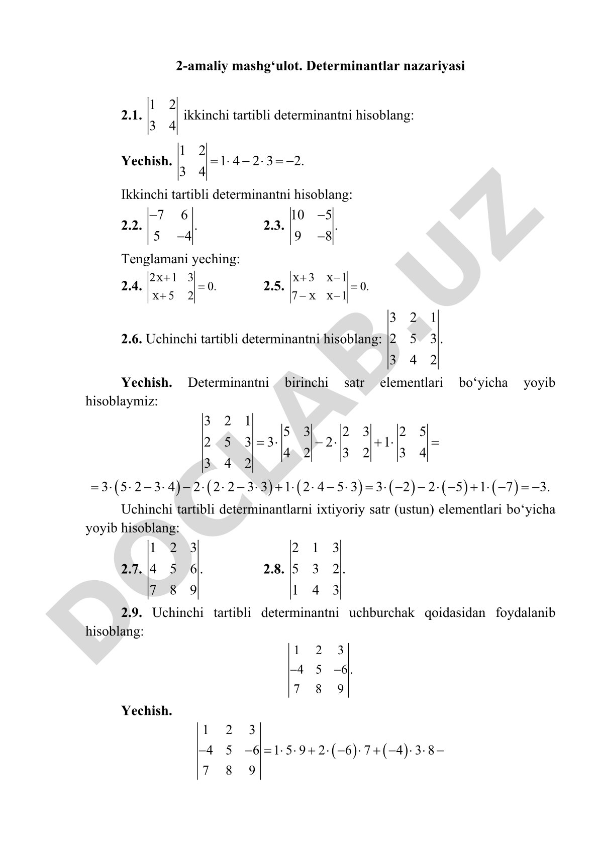 Determinantlar nazariyasi bo'yicha amaliy mashg'ulot