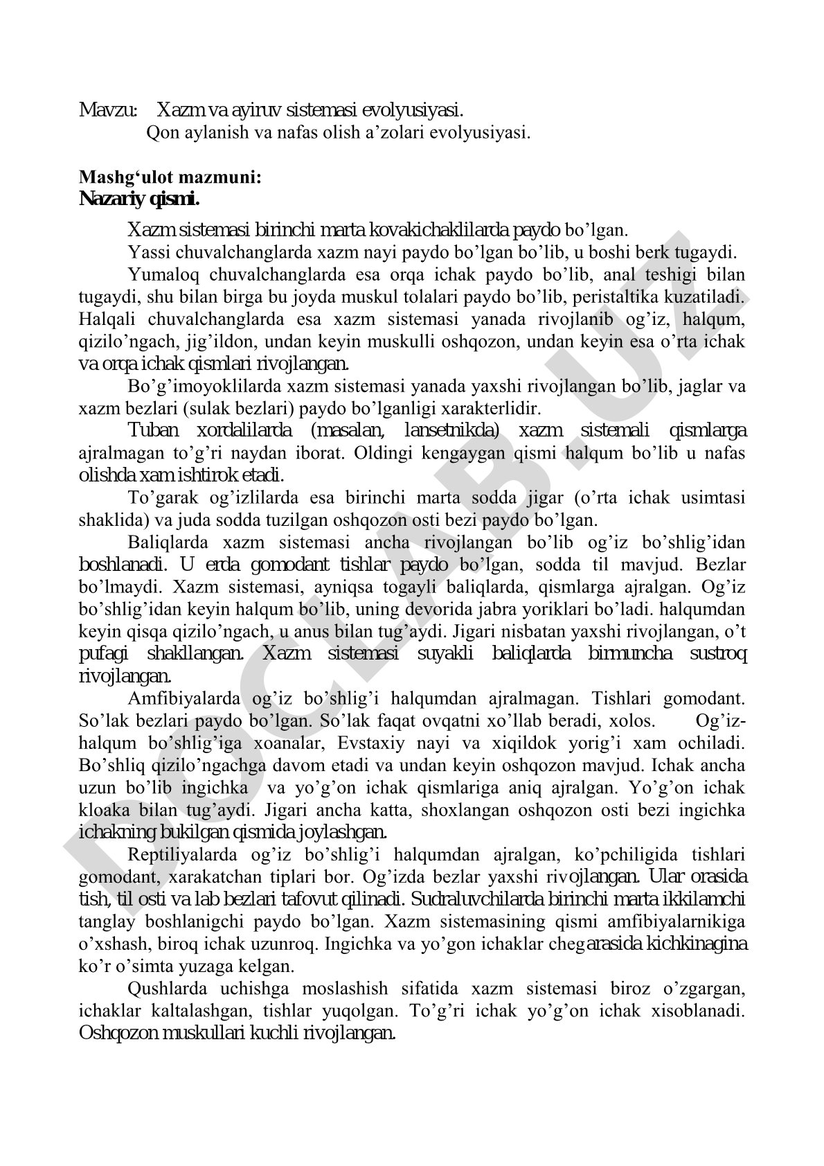 Xazm va ayiruv sistemasi evolyusiyasi. Qon aylanish va nafas olish a’zolari evolyusiyasi