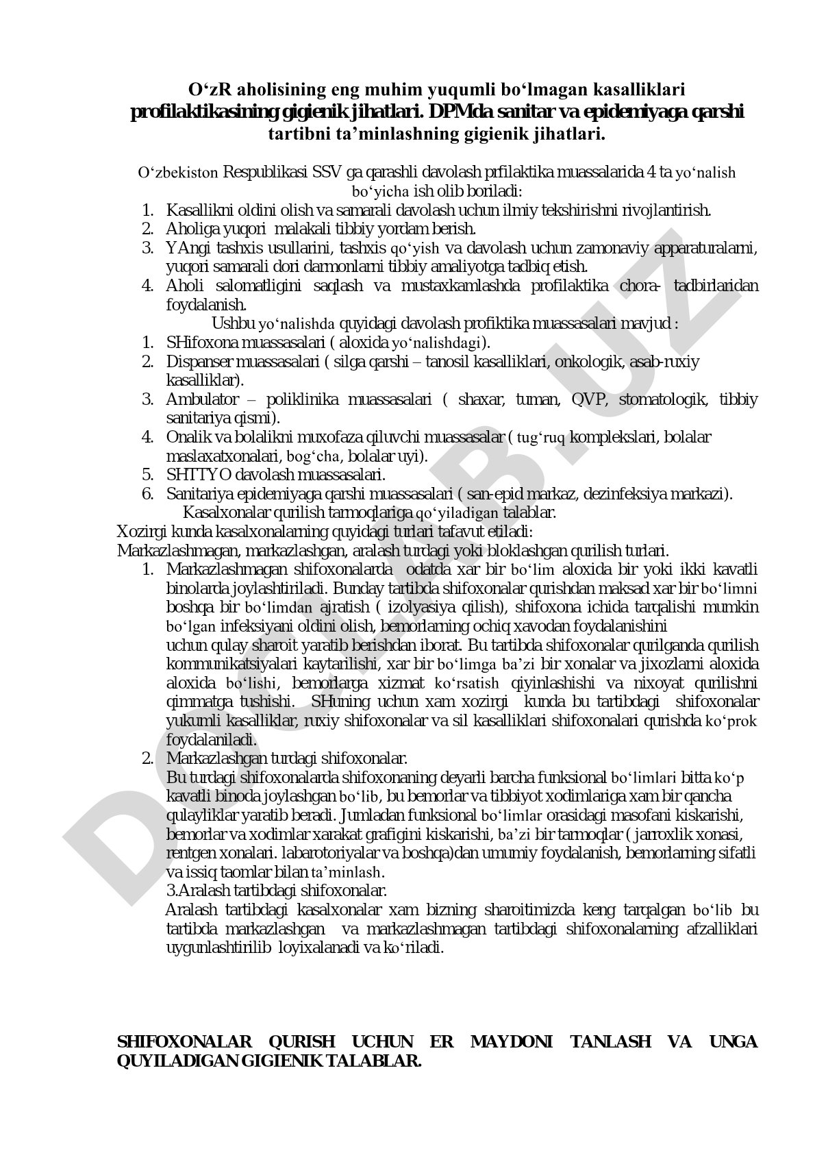 O‘zR aholisining eng muhim yuqumli bo‘lmagan kasalliklari profilaktikasining gigienik jihatlari