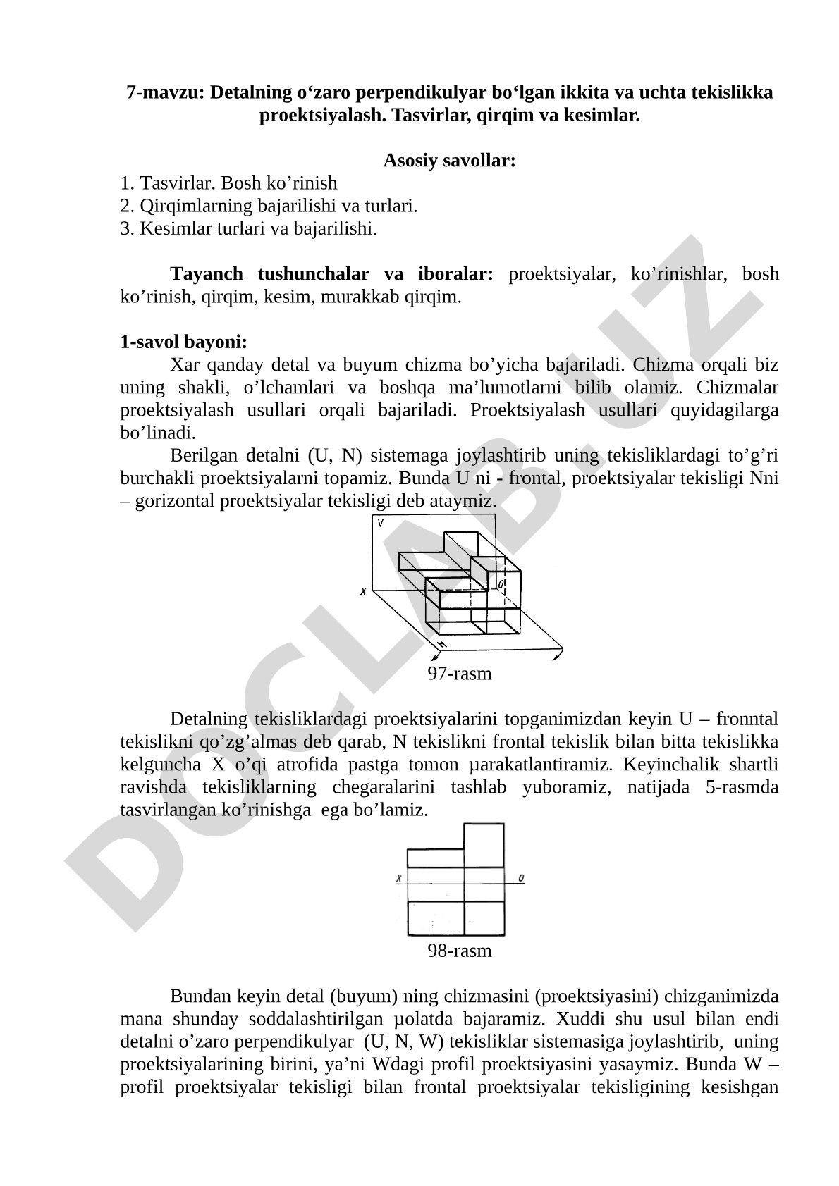 Detalning o‘zaro perpendikulyar tekisliklarga proektsiyalash, tasvirlar, qirqim va kesimlar