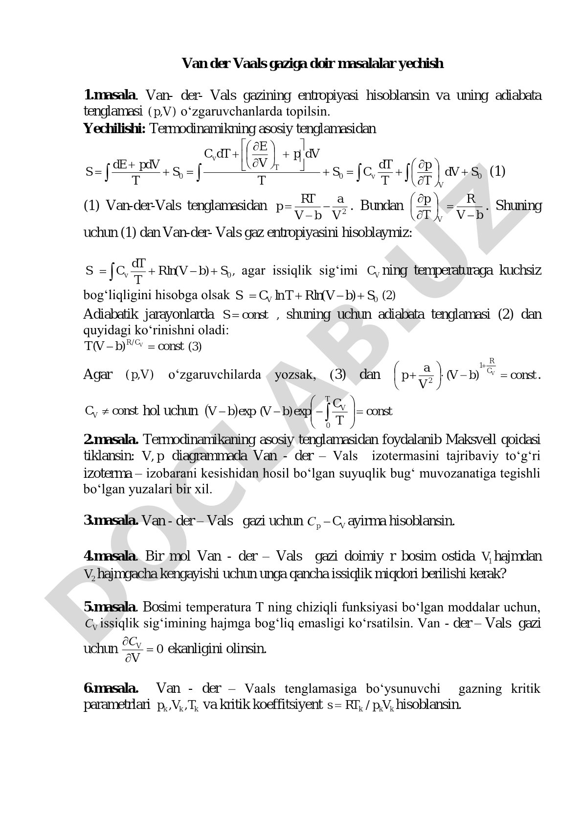 Van der Vaals gaziga doir masalalar yechish