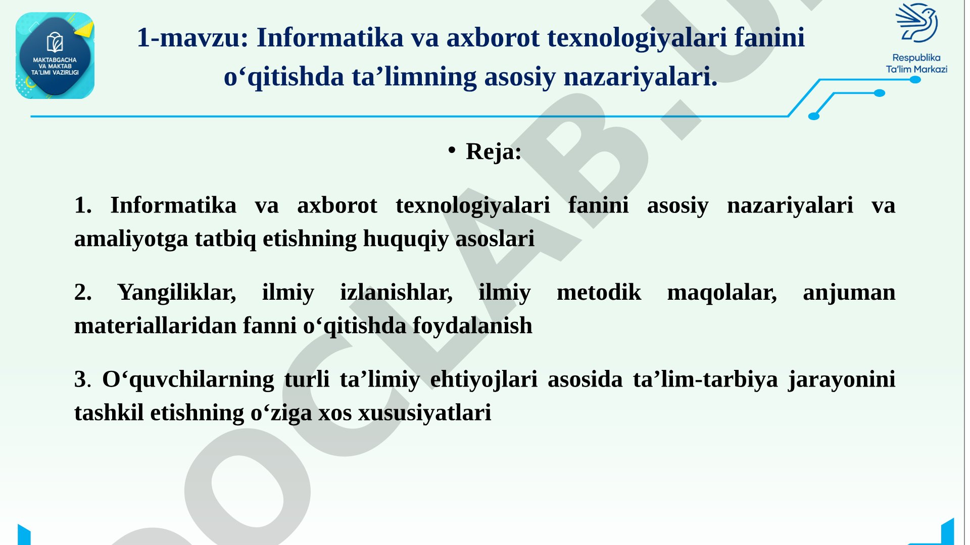 Informatika va axborot texnologiyalari fanini o'qitishda ta'limning asosiy nazariyalari
