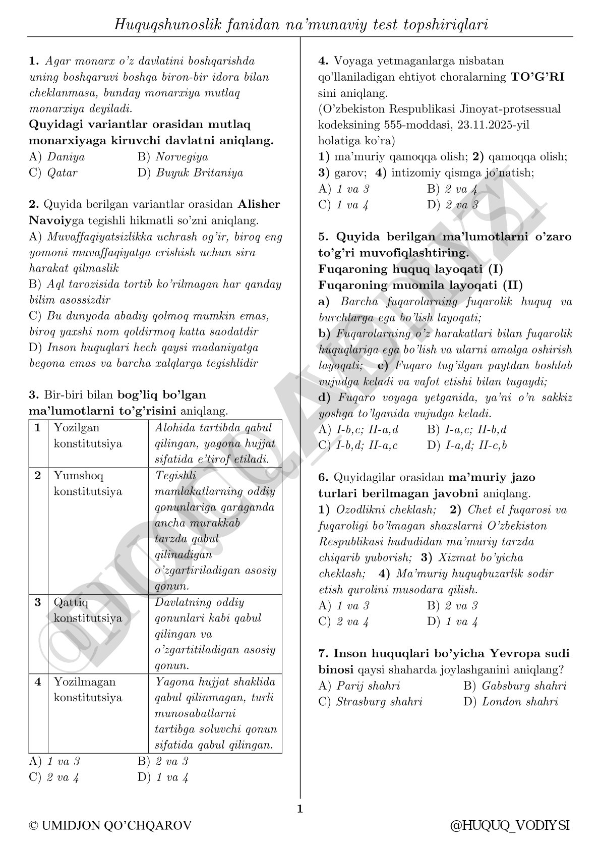 Huquqshunoslik fanidan namunaviy test topshiriqlari