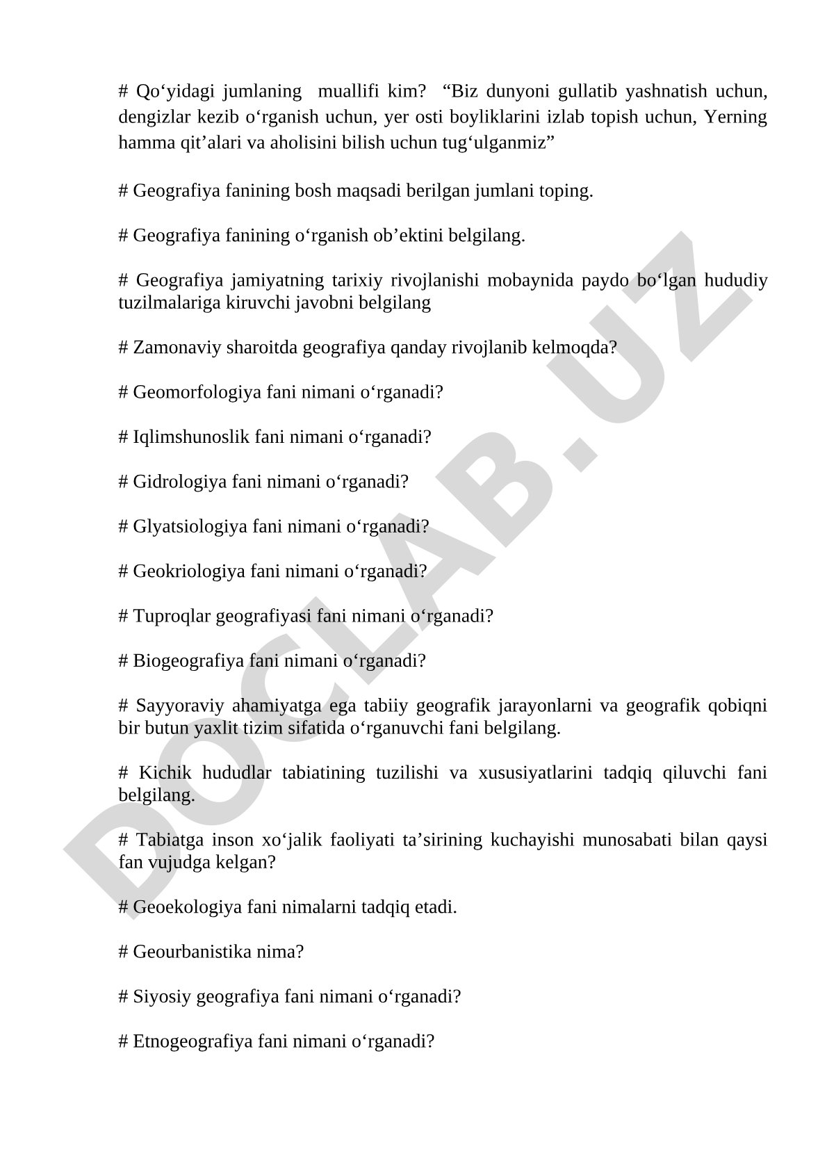 Geografiya fanidan test savollari