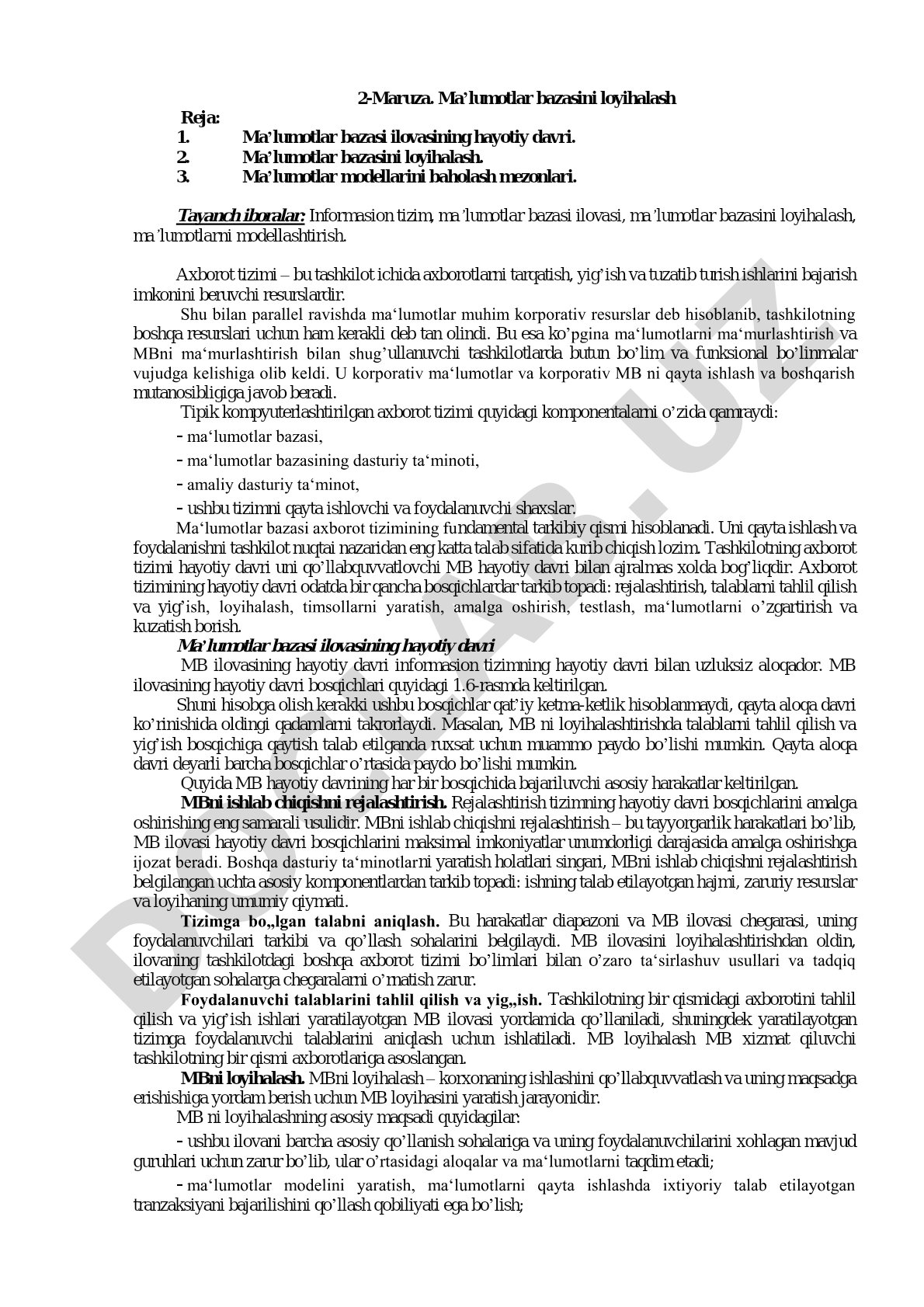 Ma'lumotlar bazasini loyihalash, uning hayotiy davri va modellari haqida