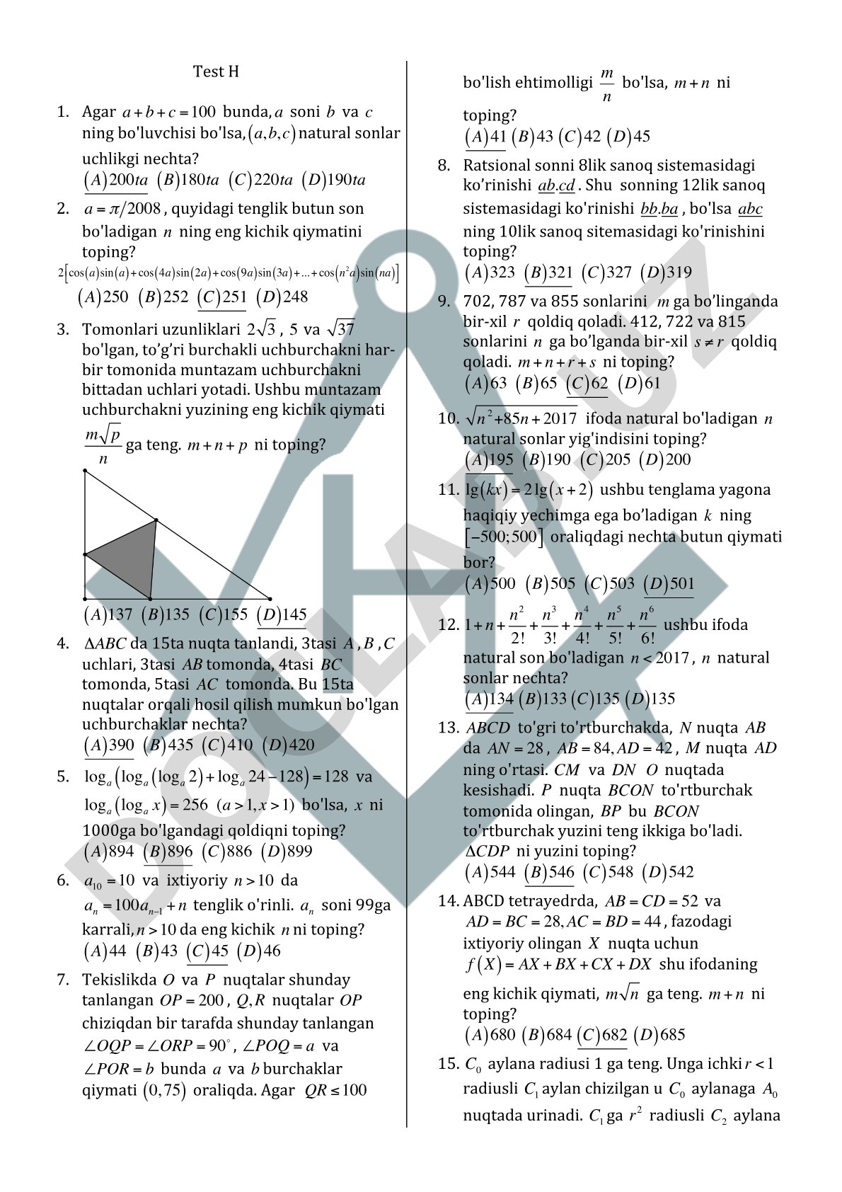 Matematika test savollari