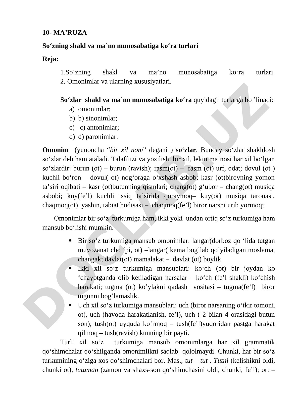 So‘zning shakl va ma’no munosabatiga ko‘ra turlari